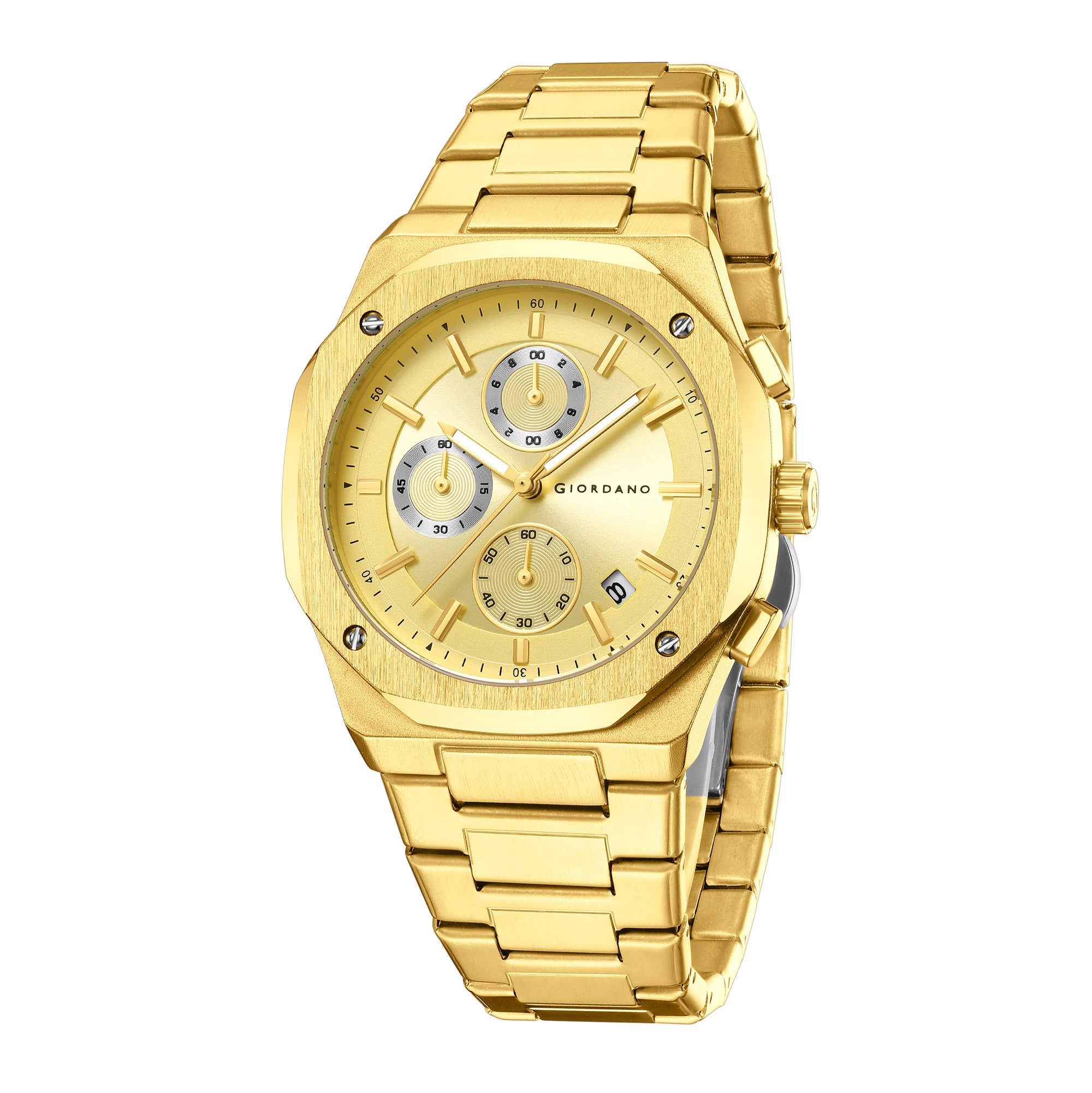 Giordano Chronograph Analog Quartz Watch for Men with Round Gold Dial, Octgonal case, Date Function, Luminous Hands and Hour Markers, Gold Stainless Steel Strap - GZ-50202-44