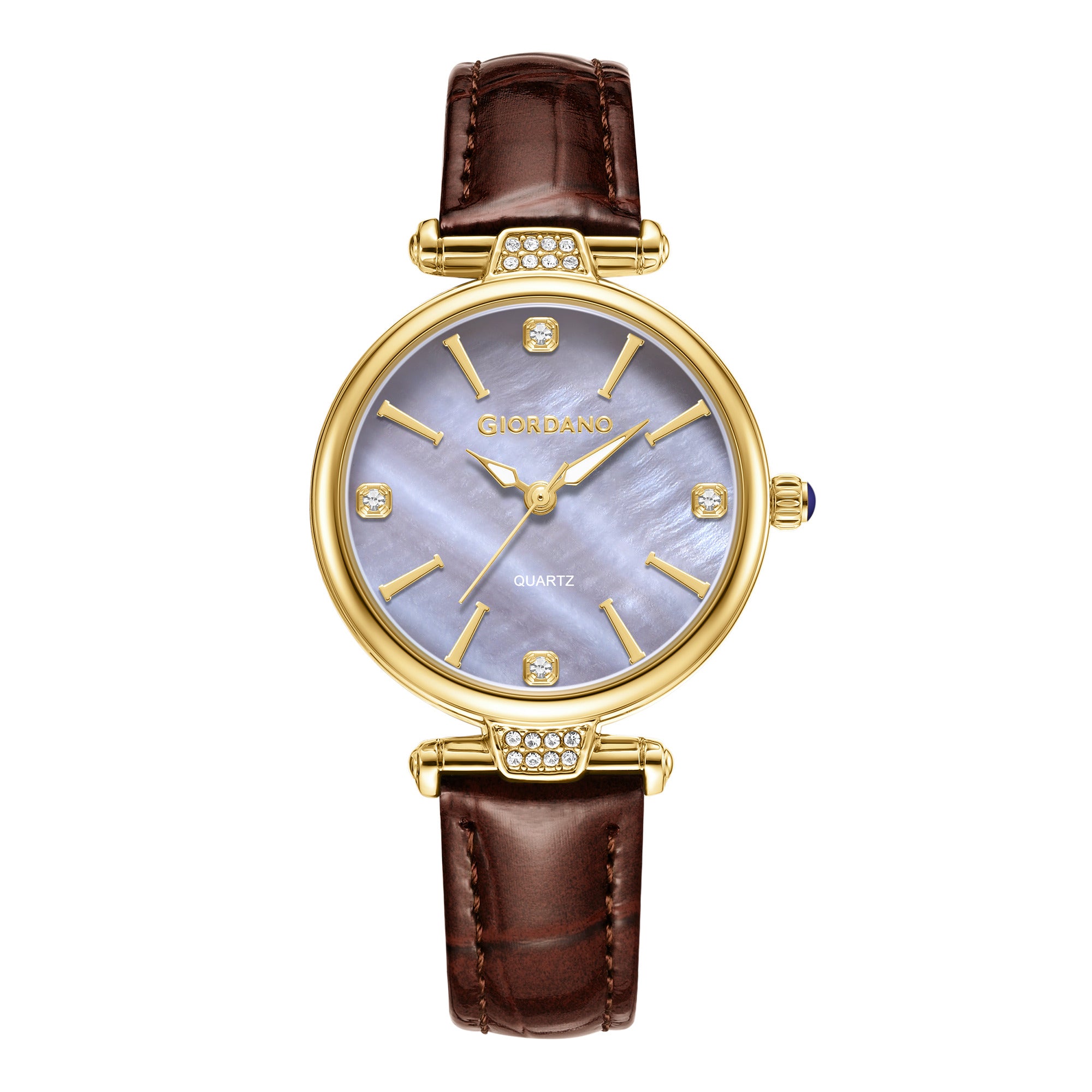 Giordano Analog Quartz Watch for Women with sunray Round Brown Dial, Blue Crown, Luminos hands and Crystal hour markers, Brown Leather Strap - GZ-60161-06