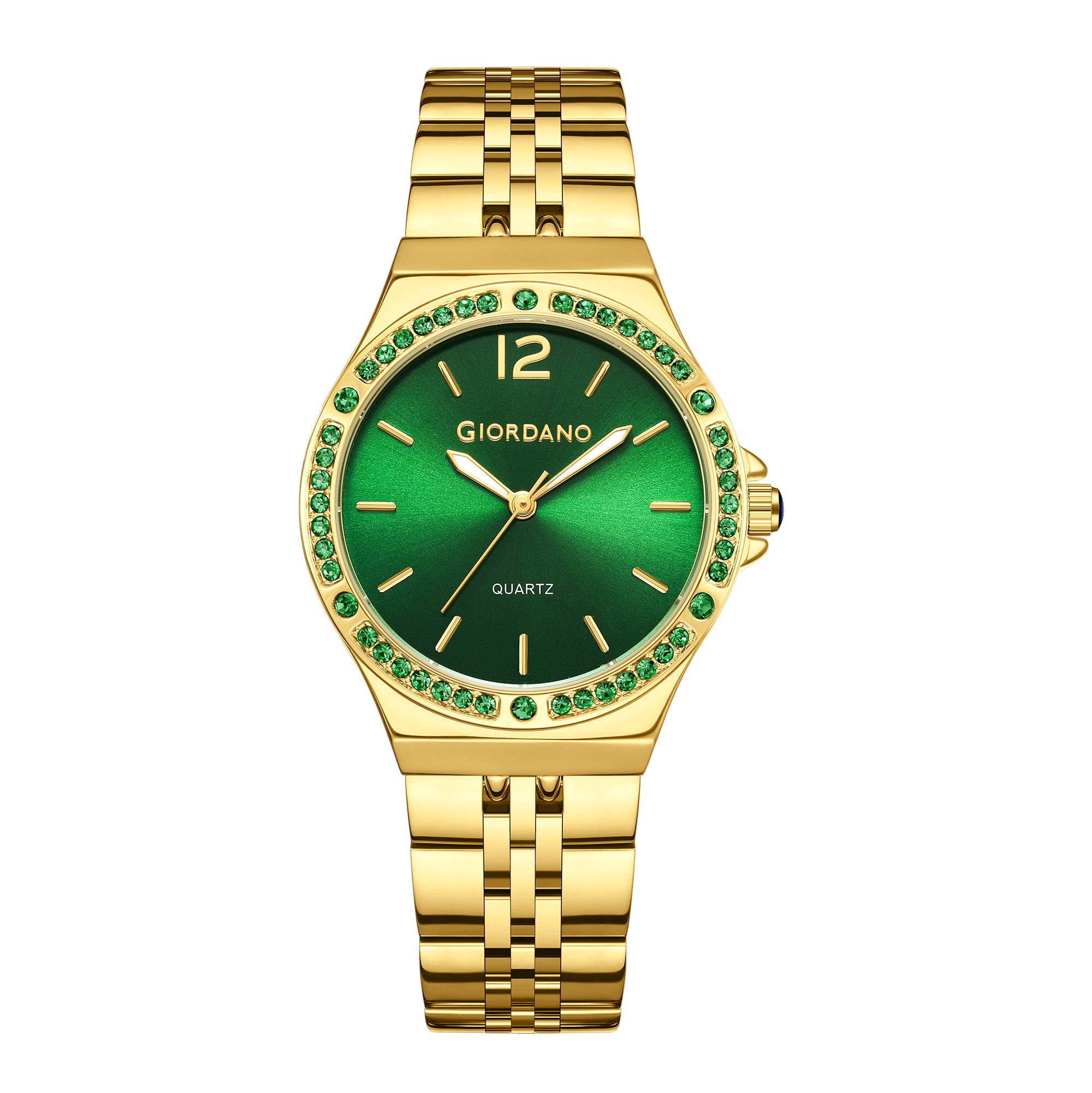 Giordano Analog Quartz Watch for Women with Round Green Dial, Crystal Studded Bezel, Blue Crown, Luminous Hands, Gold Stainless Steel Strap - GZ-60159-33