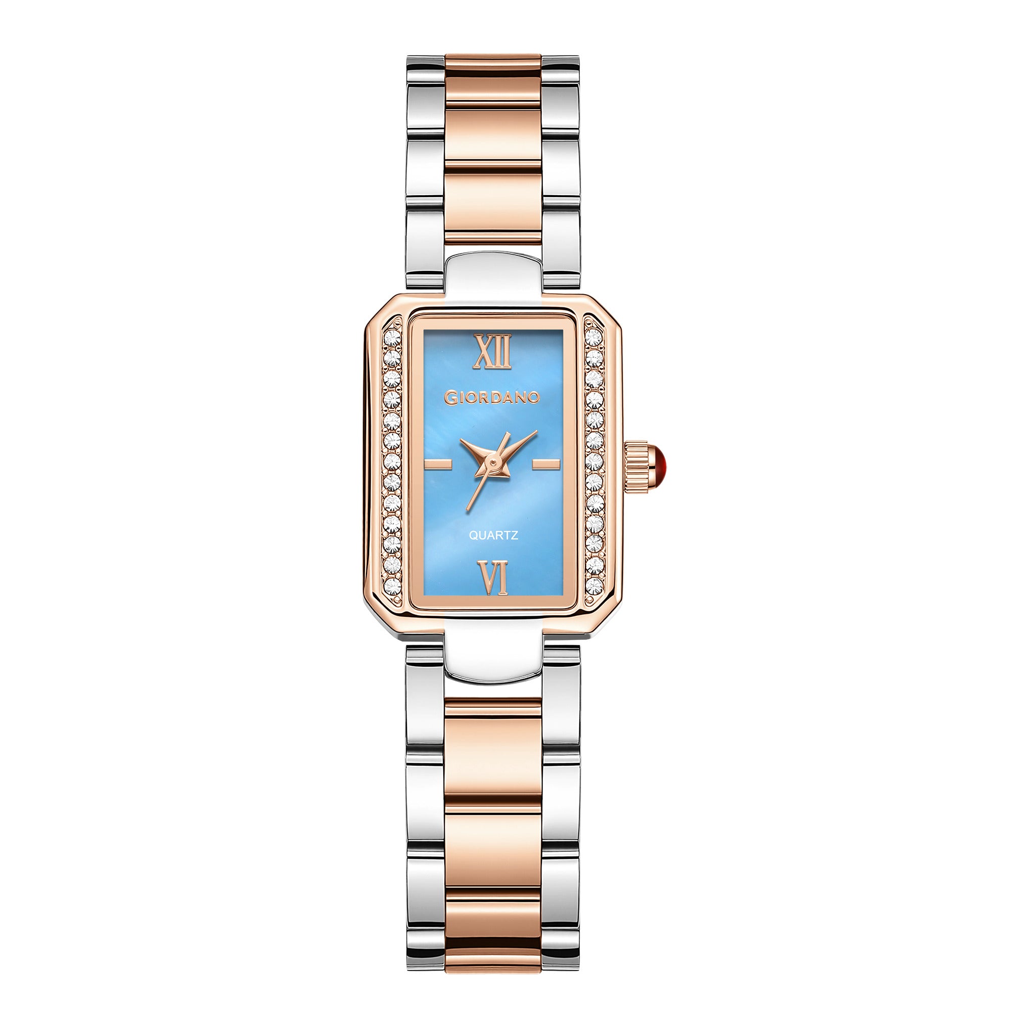 Giordano Analog Quartz Watch for Women with sunray Rectangle Blue Dial, Roman indices, Crystal studded bezel, Blue Crown, Silver and Rose Gold Stainless Steel Strap - GZ-60167-22
