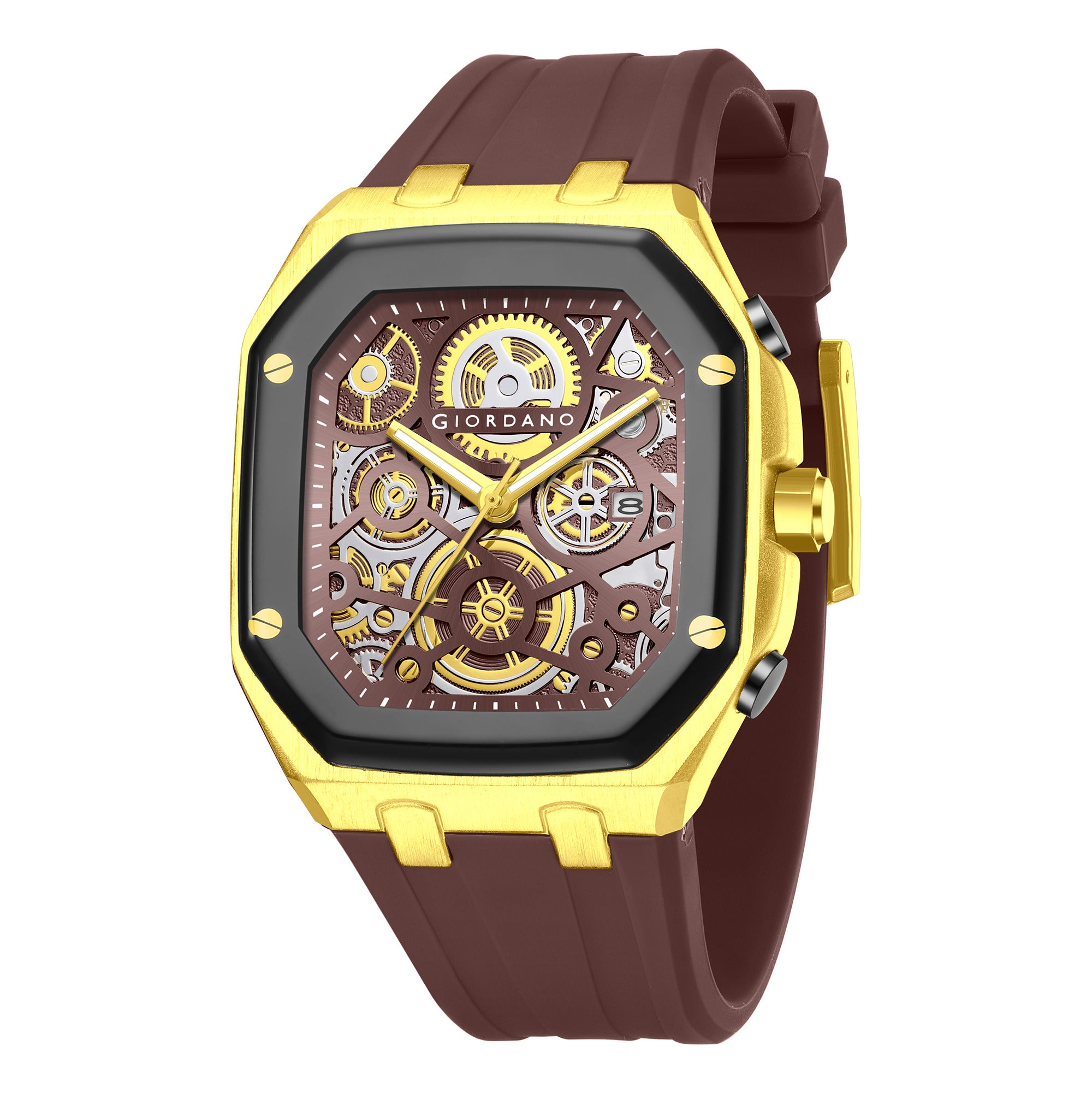 Giordano Skeleton Dial Analog Watch for Men – Gold Tone Case, Brown Silicone Strap, Date Display & Transparent Mechanical Design GZ-50221-03