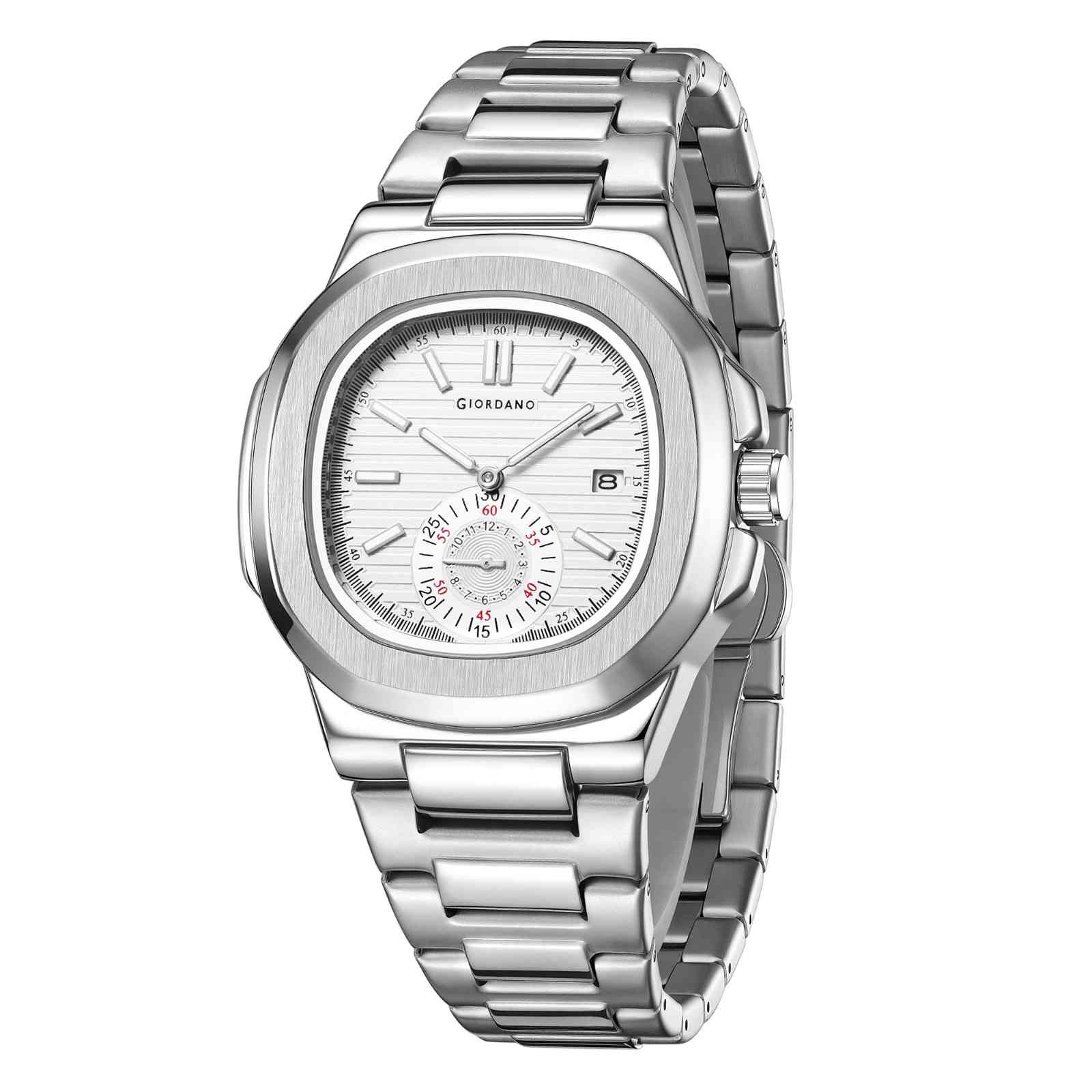 Giordano Analog Multifunction Watch for Men – Textured Dial with Cushion Case, Small Seconds Sub-Dial, Stainless Steel Strap & Date Display GZ-50160-22