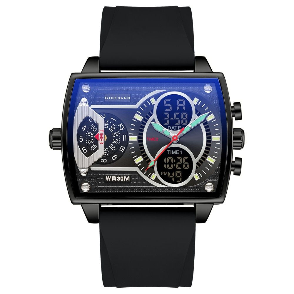 Giordano Square Hybrid Analog-Digital Watch for Men – Triple Time Zone Display with Quartz Precision & Durable Sport Grade Silicone Strap GZ-50161-01
