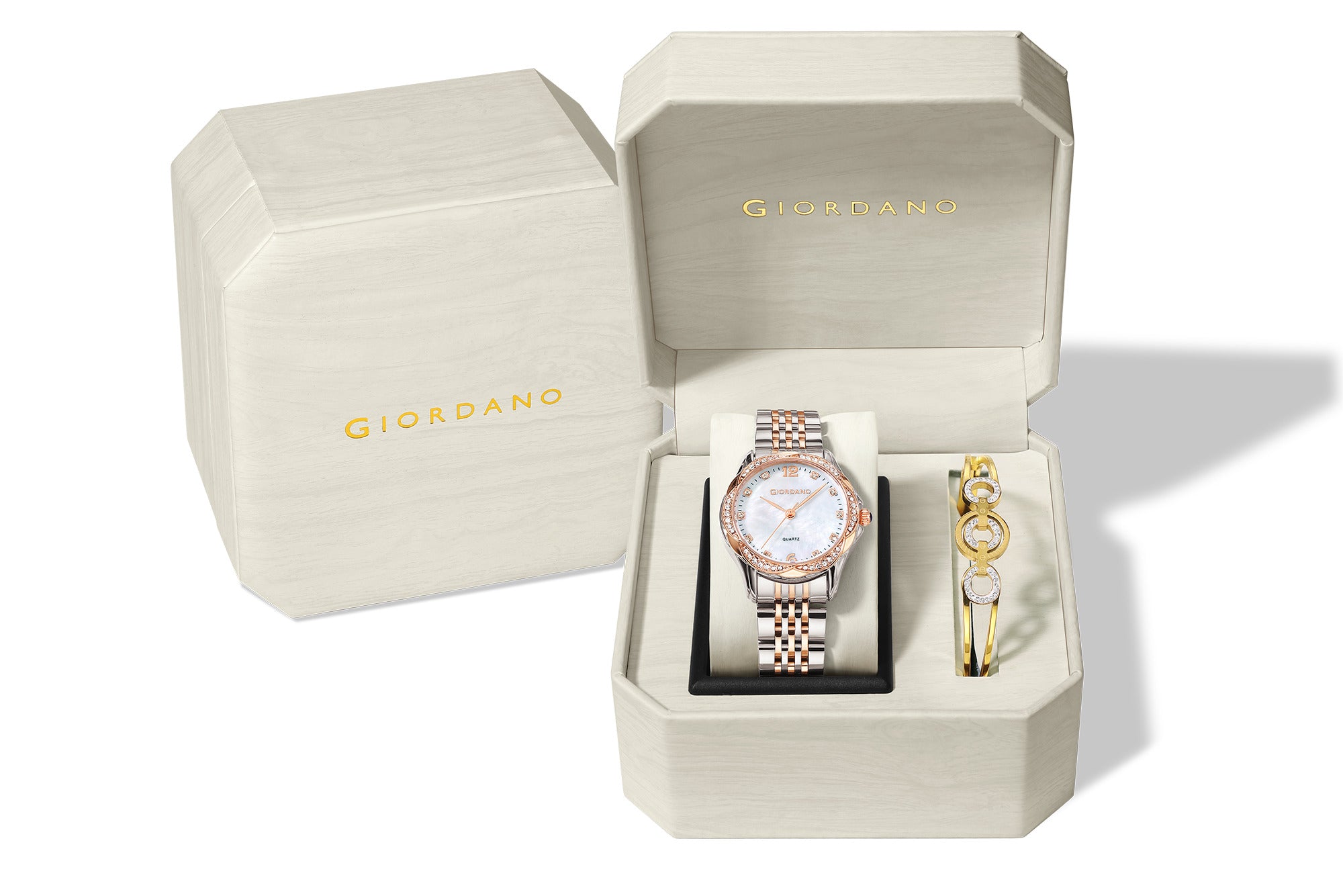 Giordano Analog Quartz Watch for Women with Textured Round White Dial, Flower shape case, Blue Crown, Crystal studded hour markers and bezel, Silver and Gold Stainless Steel Strap - GZ-60157-55