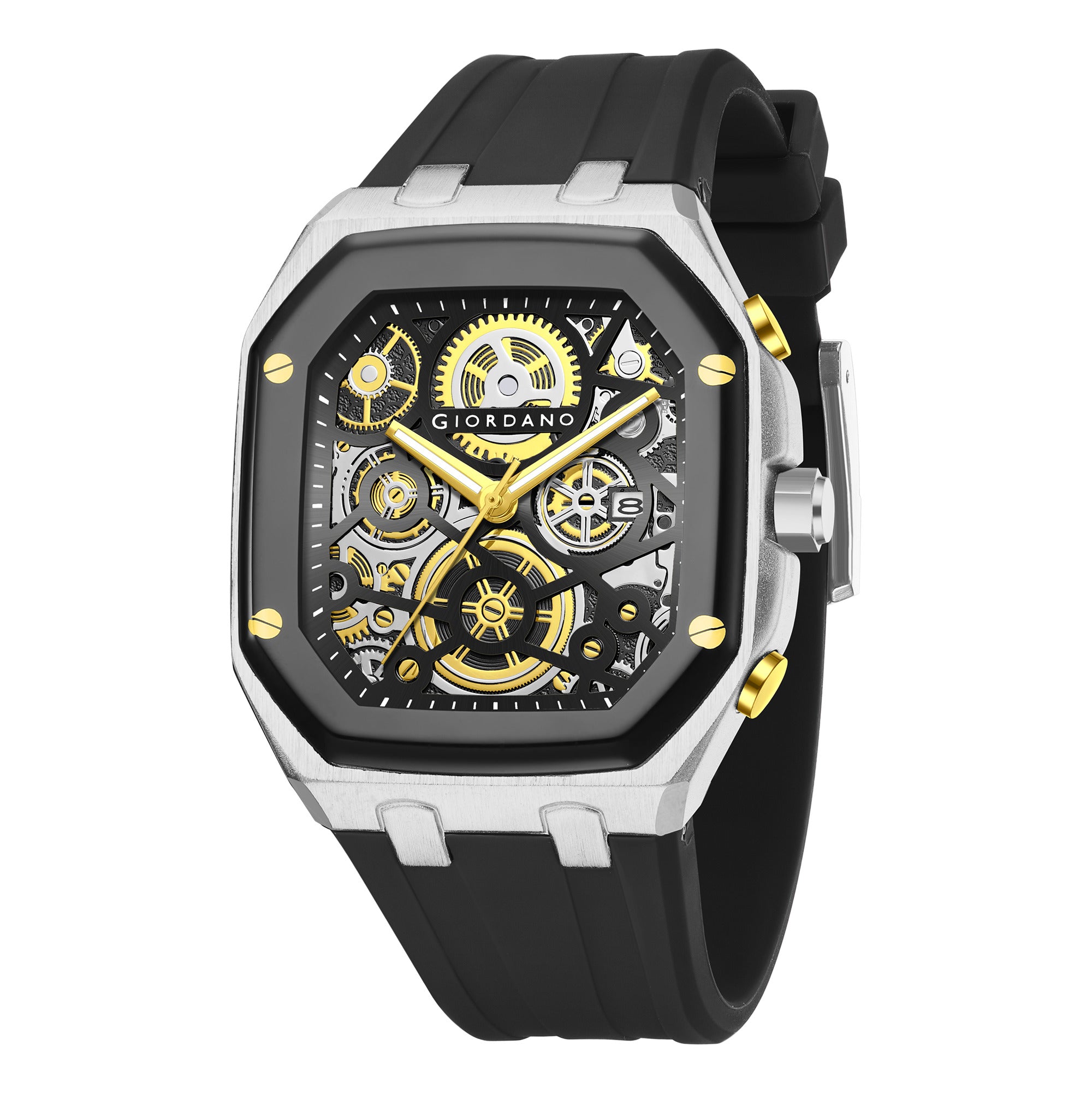 Giordano Skeleton Dial Analog Watch for Men – Silver Tone Case, Black Silicone Strap, Date Display & Transparent Mechanical Design GZ-50221-01
