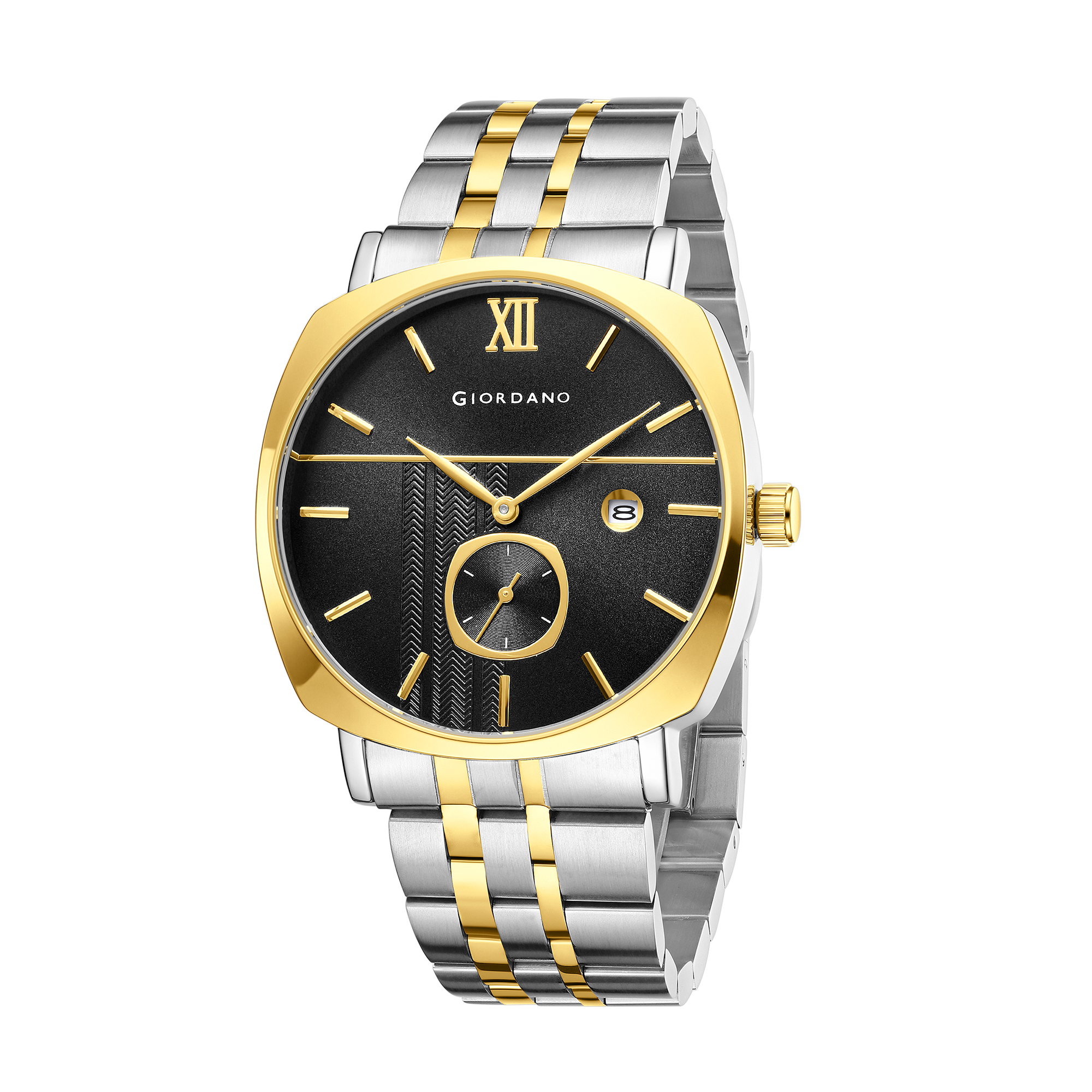 Giordano Analog Quartz Watch for Men with Black Sunray Patterned Dial, Roman XII & Baton Hour Markers, Small Seconds Sub-Dial, Date Display and Two-Tone Gold & Silver Stainless Steel Strap GZ-50192-66