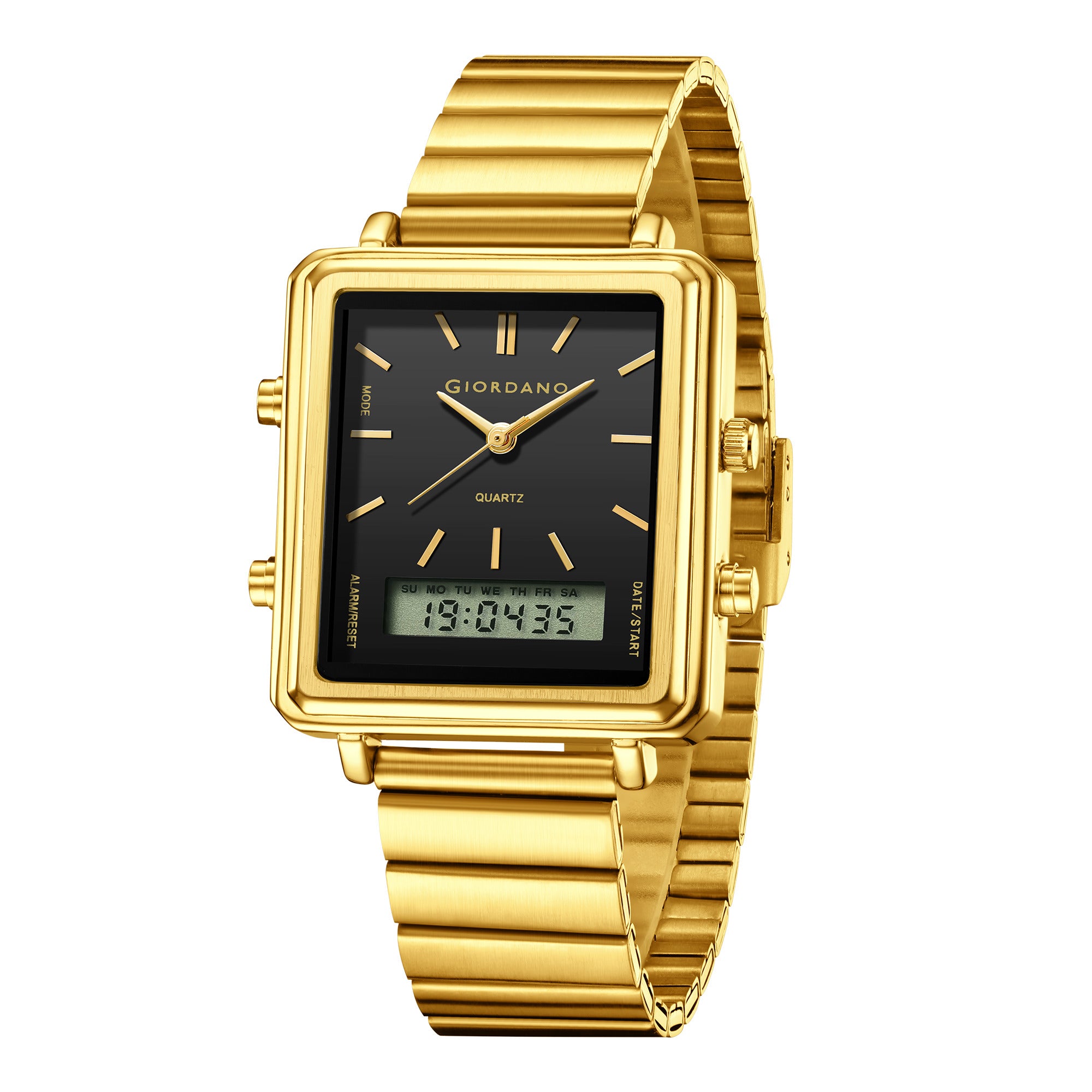 Giordano Analog Digital Watch for Men with Square Black Dial, Dual Time Display, Gold Stainless Steel Strap - GZ-50210-44