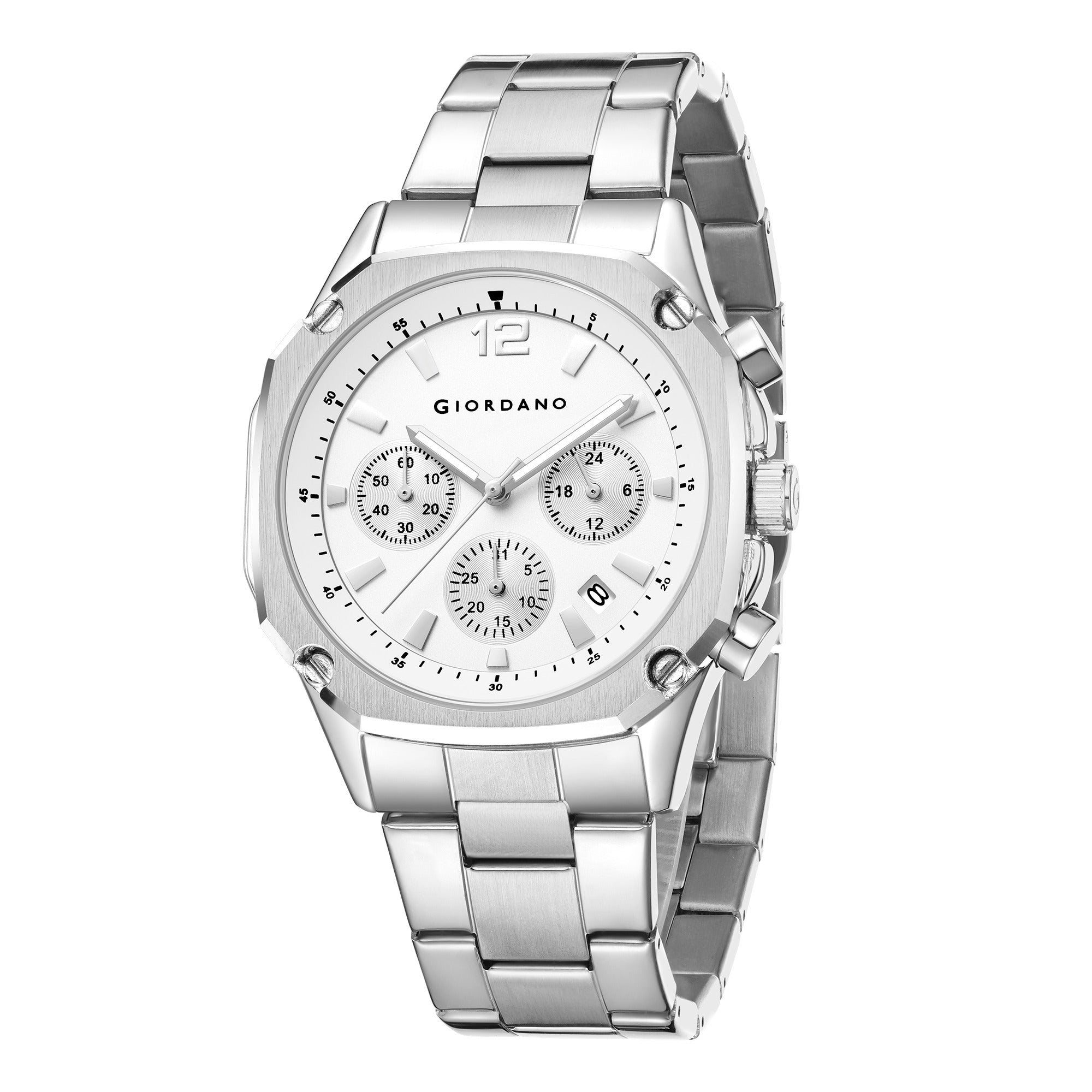 Giordano Analog Watch for Men with Chronograph Subdials, Round Silver Dial Date Window, Quartz Movement Silver Stainless Steel Strap GZ-50203-22