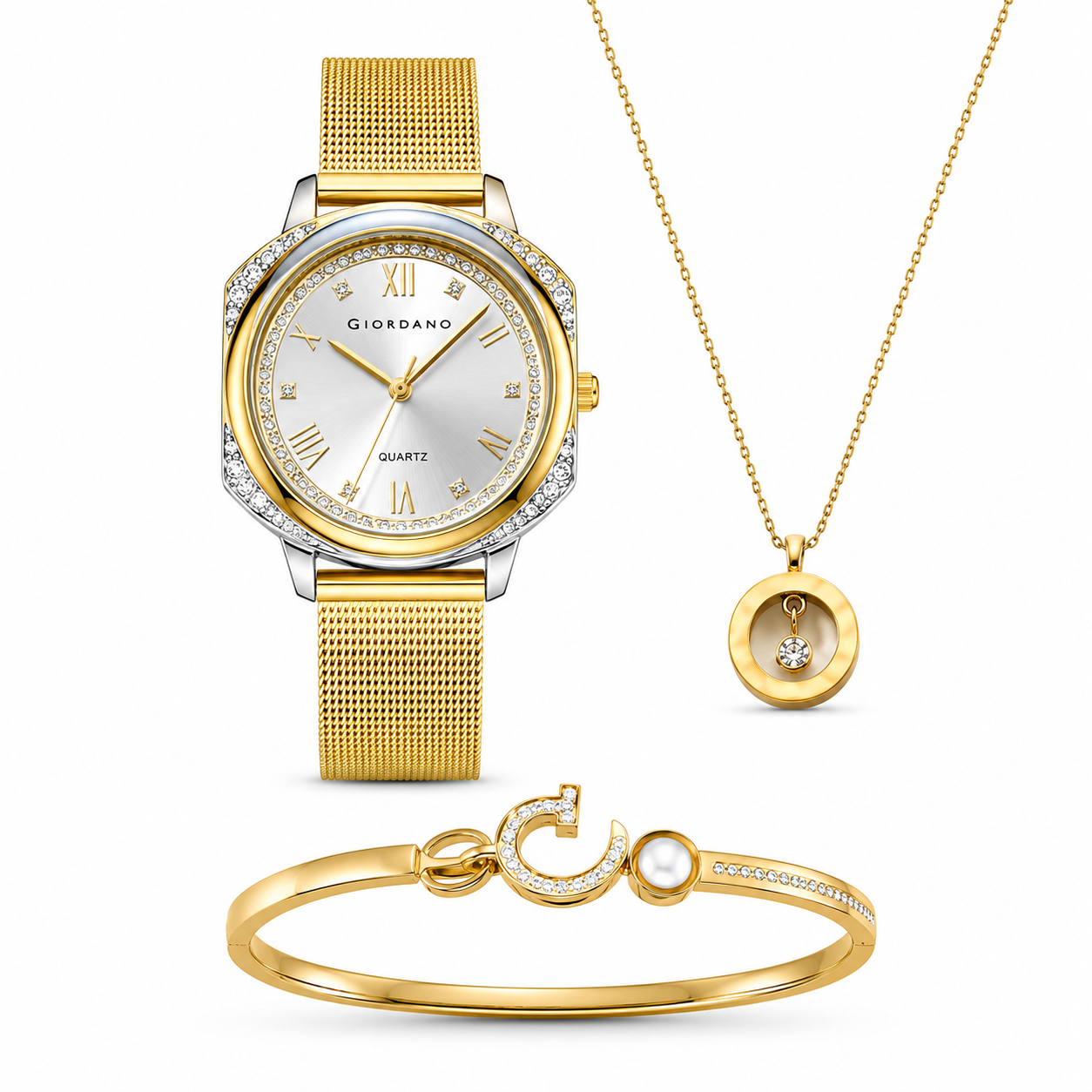 Giordano Gold Analog Quartz Watch Gift Set for Women – 3 Piece Combo with Mesh Strap, Roman Numeral Crystal Studded Dial, Round Pearl Pendant Necklace & Bangle Bracelet - GZ-60183-33