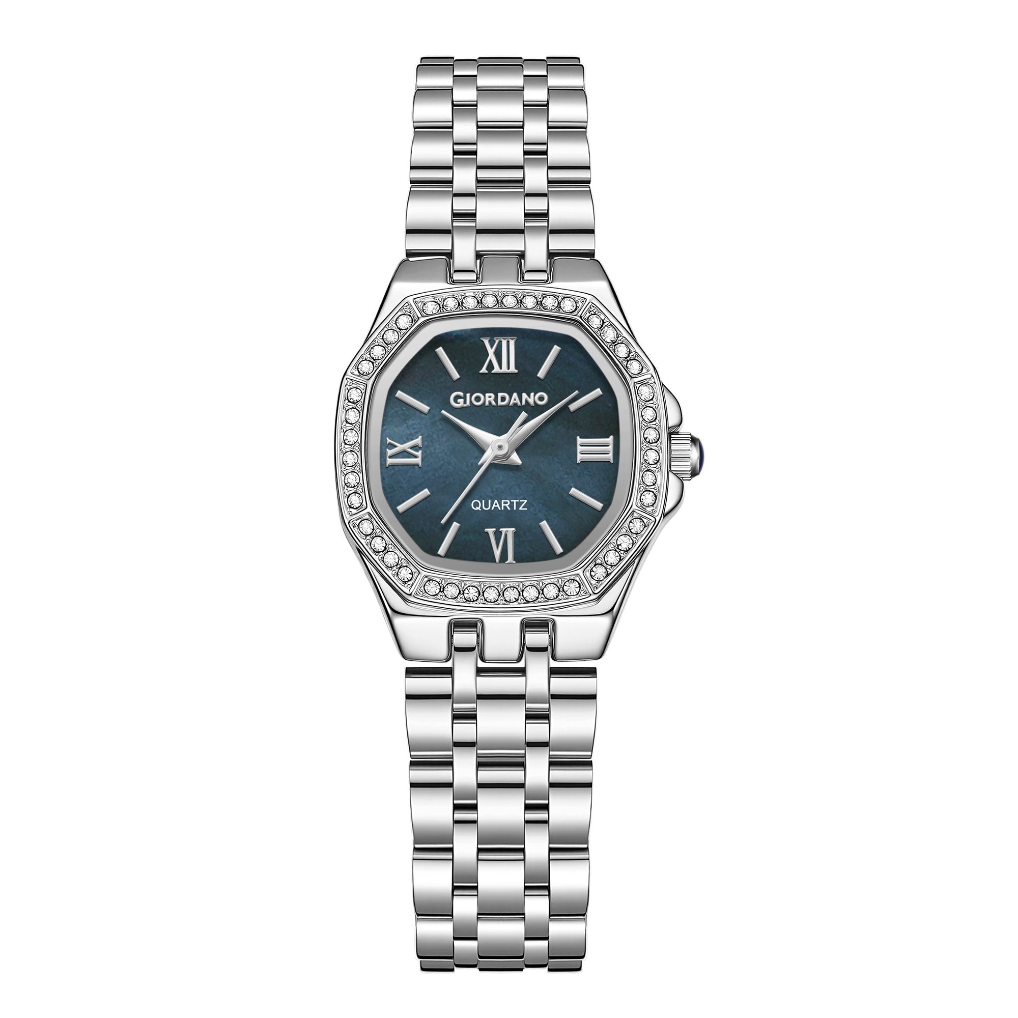 Giordano Analog Quartz Watch for Women with Round Blue Dial, Crystal Studded Bezel, Roman Markers and Stainless Steel Strap - GZ-60162-11
