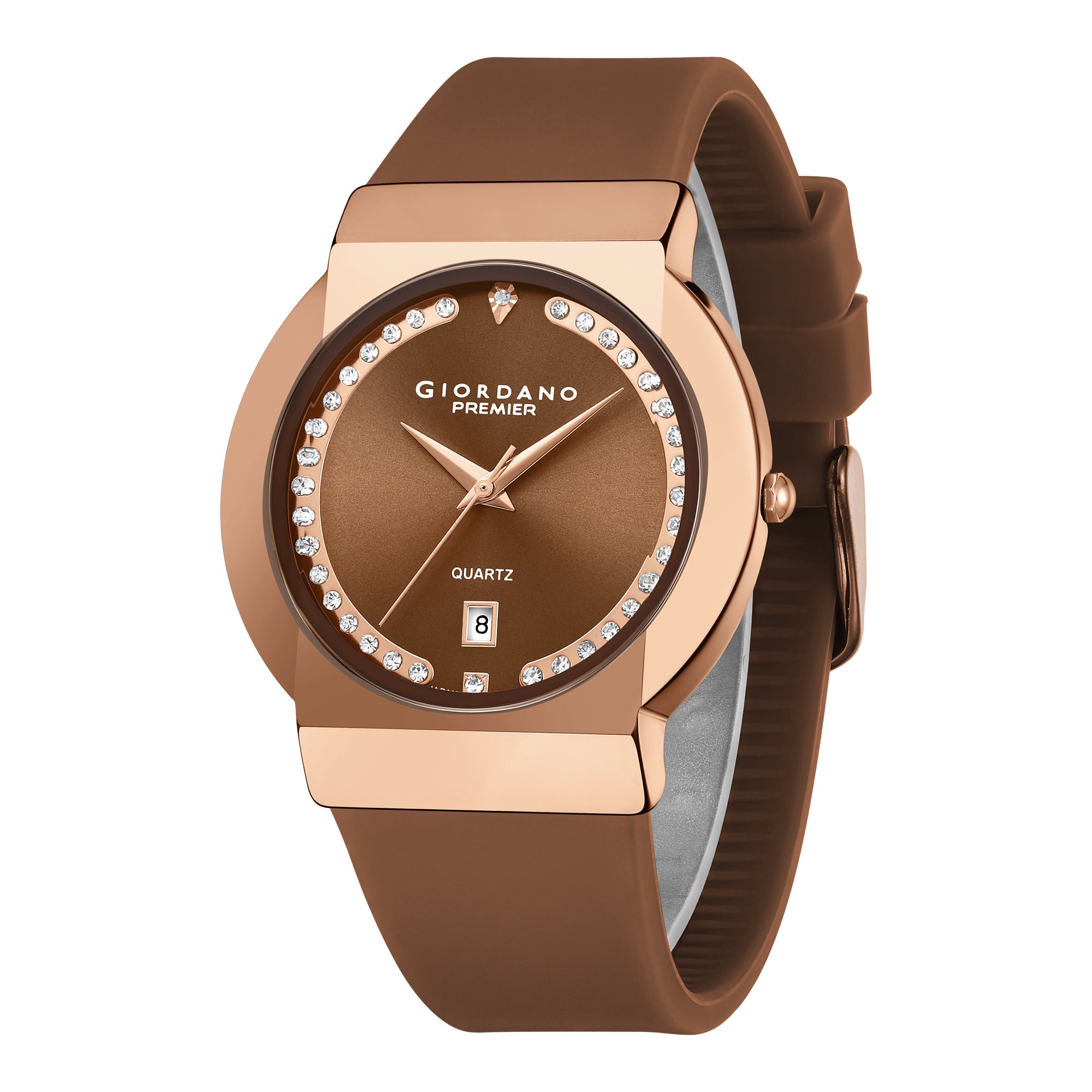 Giordano Premier Analog Quartz Watch for Women with Round Brown Dial, Crystal Studded Bezel, Date Display, Rose Gold Case & Brown Silicone Strap - GZ-50228-02