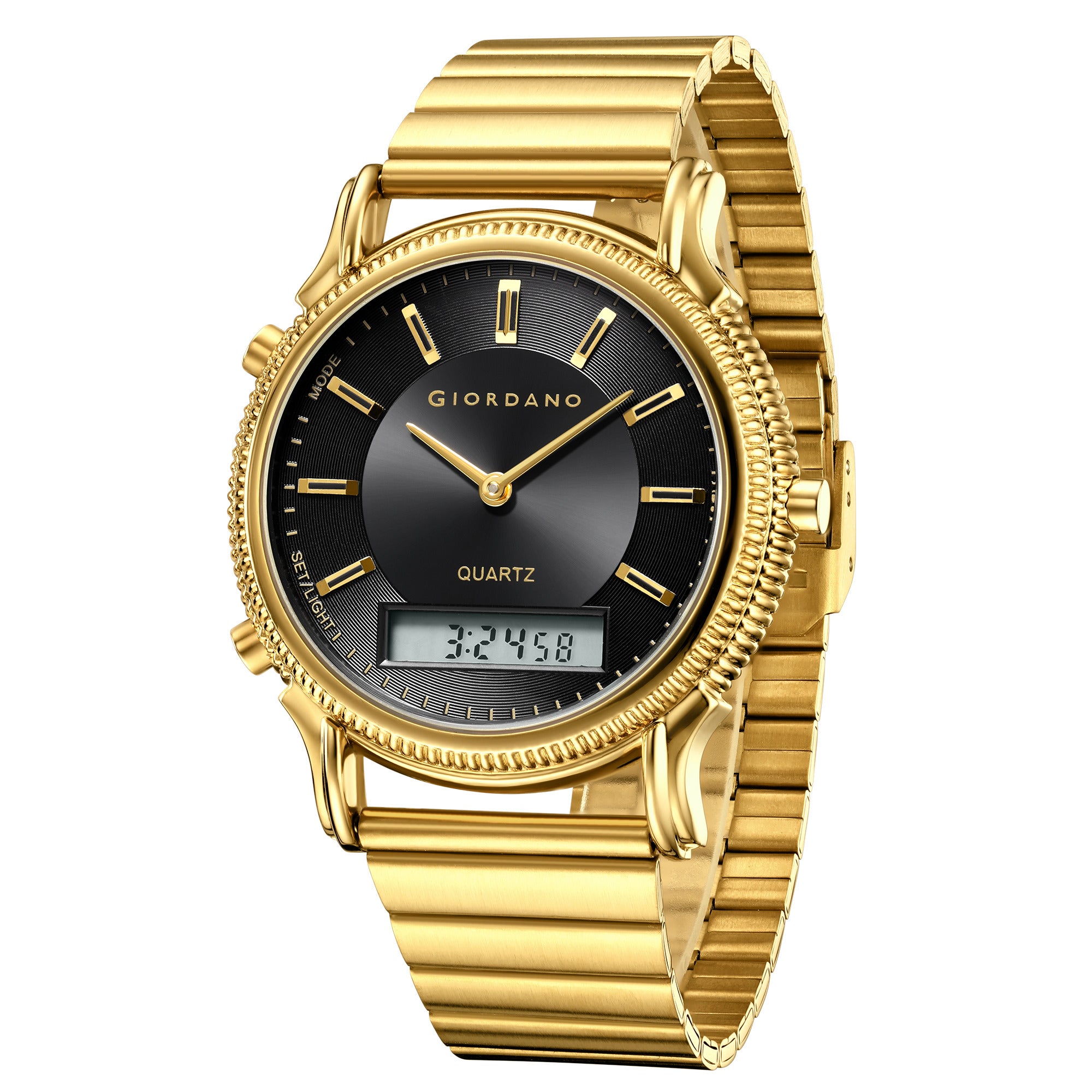 Giordano Analog-Digital Watch for Men - Round Black Dial with Dual Display, Quartz Movement and Gold Stainless Steel Strap - GZ-50209-55