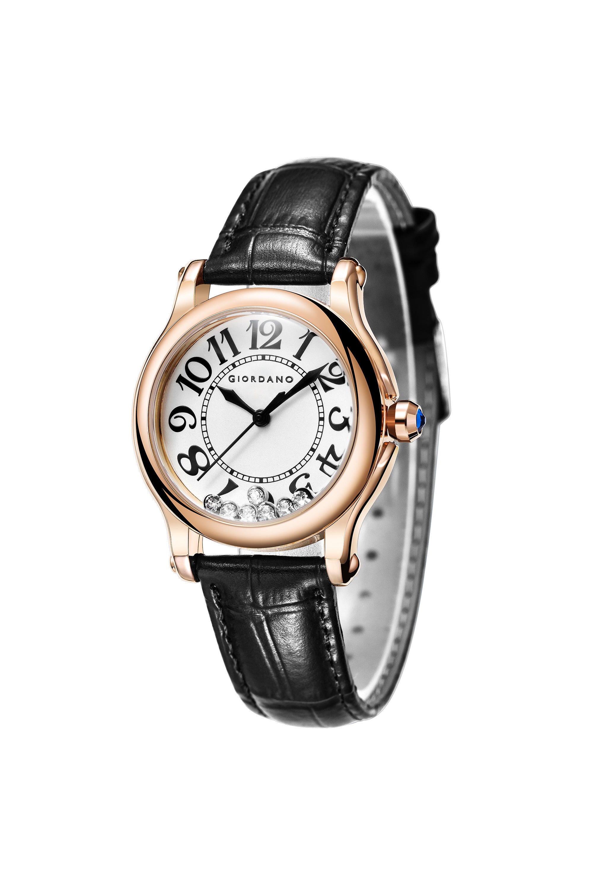Giordano Elegant Analog Watch for Women with Round Dial & Dancing Diamonds, Arabic Numerals, Blue Crown and Leather Strap - GZ-60149-01