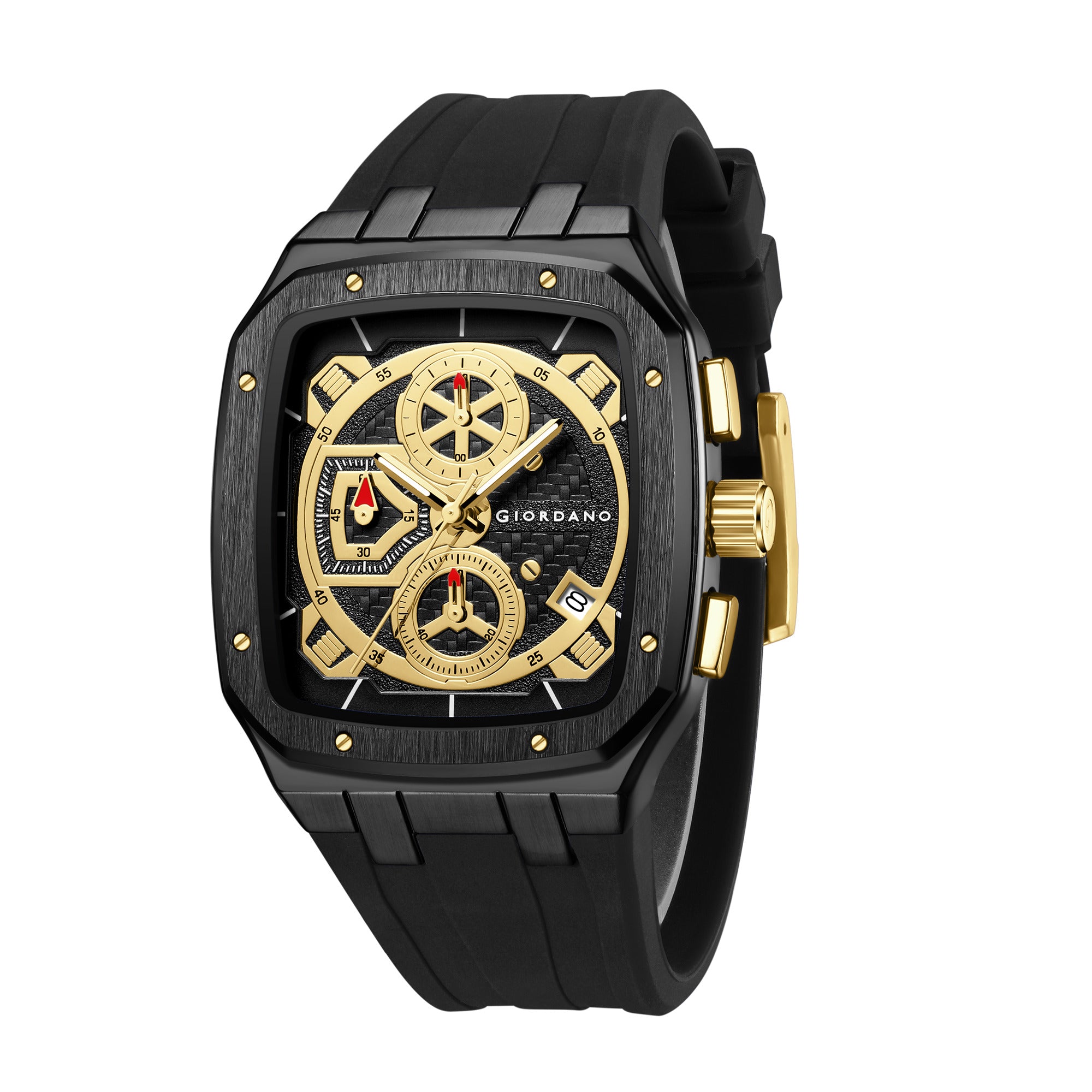 Giordano Analog Watch for Men with Chronograph Subdials, Black Square Case, Date Display, Quartz Movement, Black Silicone Strap GZ-50204-11