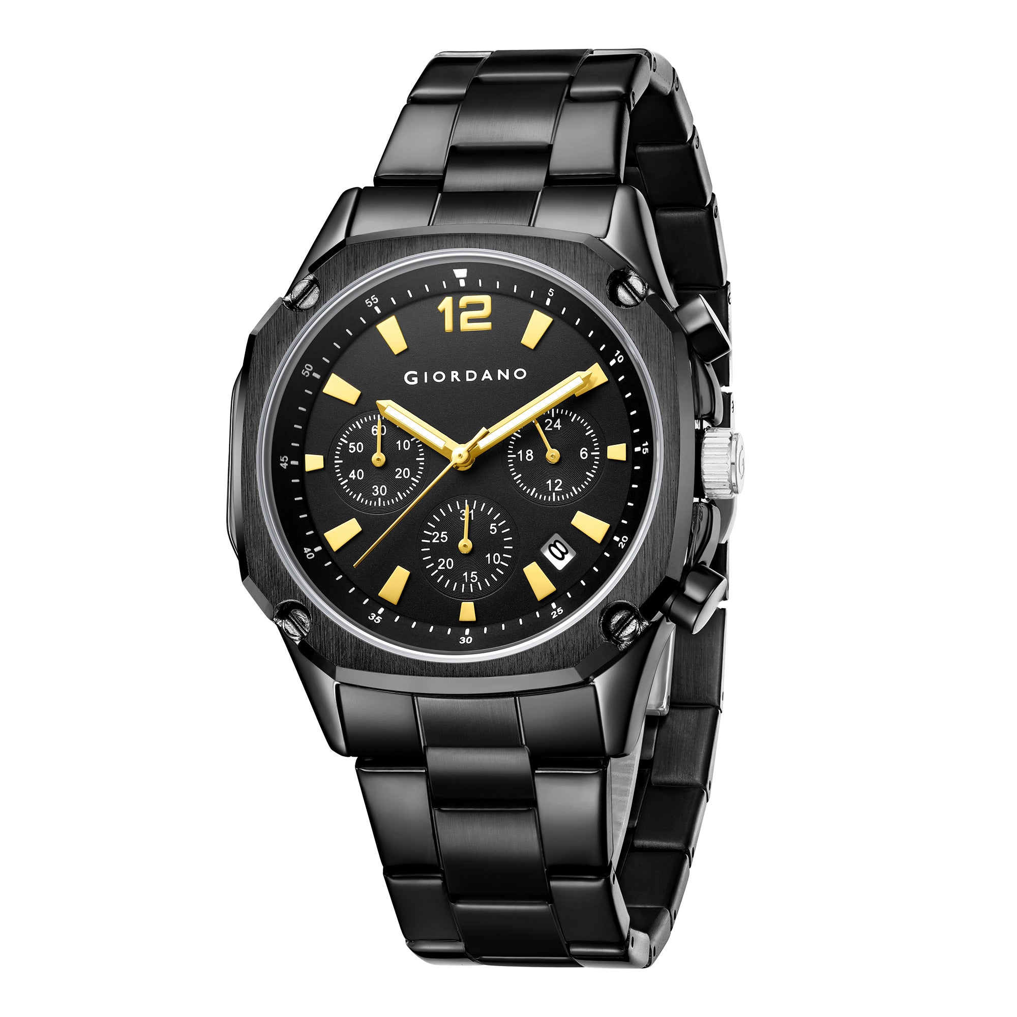 Giordano Analog Watch for Men with Chronograph Subdials, Round Black Dial Date Window, Quartz Movement Silver Stainless Steel Strap GZ-50203-11