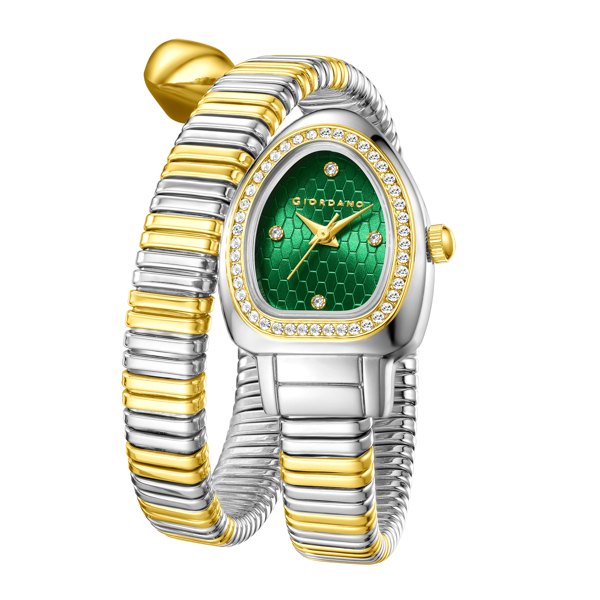 Giordano Serpentine Collection Analog Quartz Watch for Women with Green Honeycomb-Textured Dial, Crystal Bezel & Markers, Snake-Style Wrap-Around Two-Tone Stainless Steel Strap - GZ-60188-33