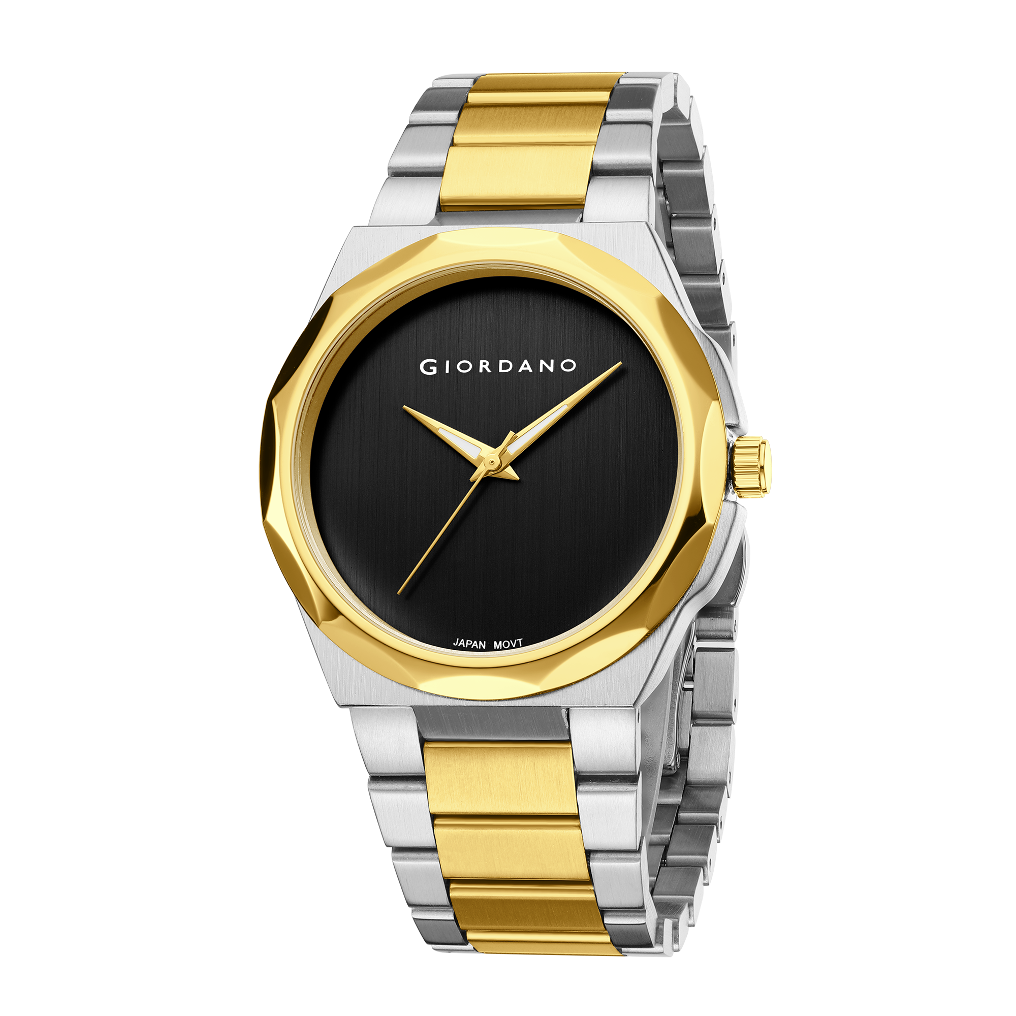 Giordano Classic Formal Analog Quartz Watch for Men with Black Sunray Round Dial, Minimalist Markerless Design, Luminous Hands, Quartz Movement and Two-Tone Stainless Steel Strap - GZ-50189-55