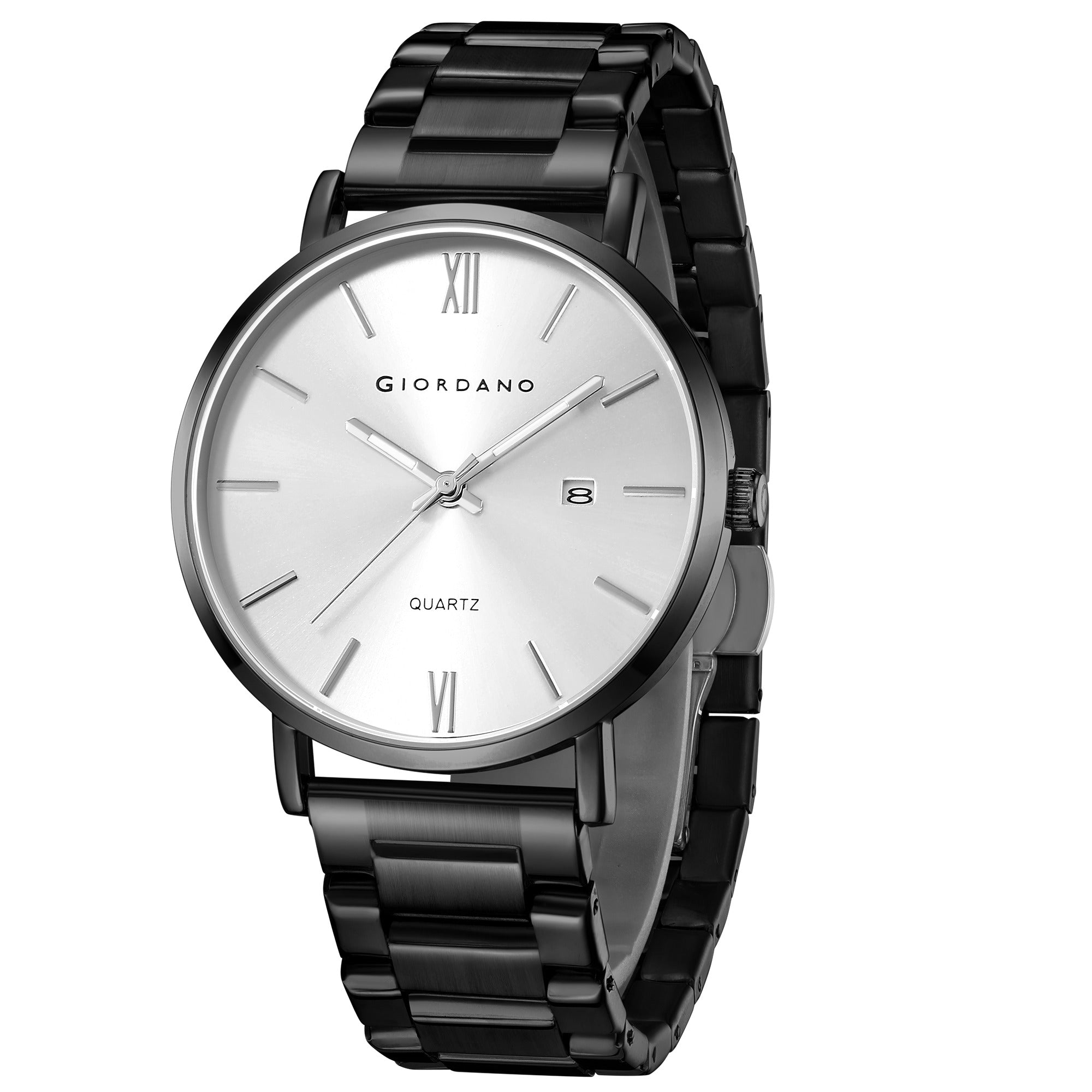 Giordano Analog Quartz Watch for Men with Round White Dial, Roman Indices, Date Function, Luminous Hands, Black Stainless Steel Strap - GZ-50211-11