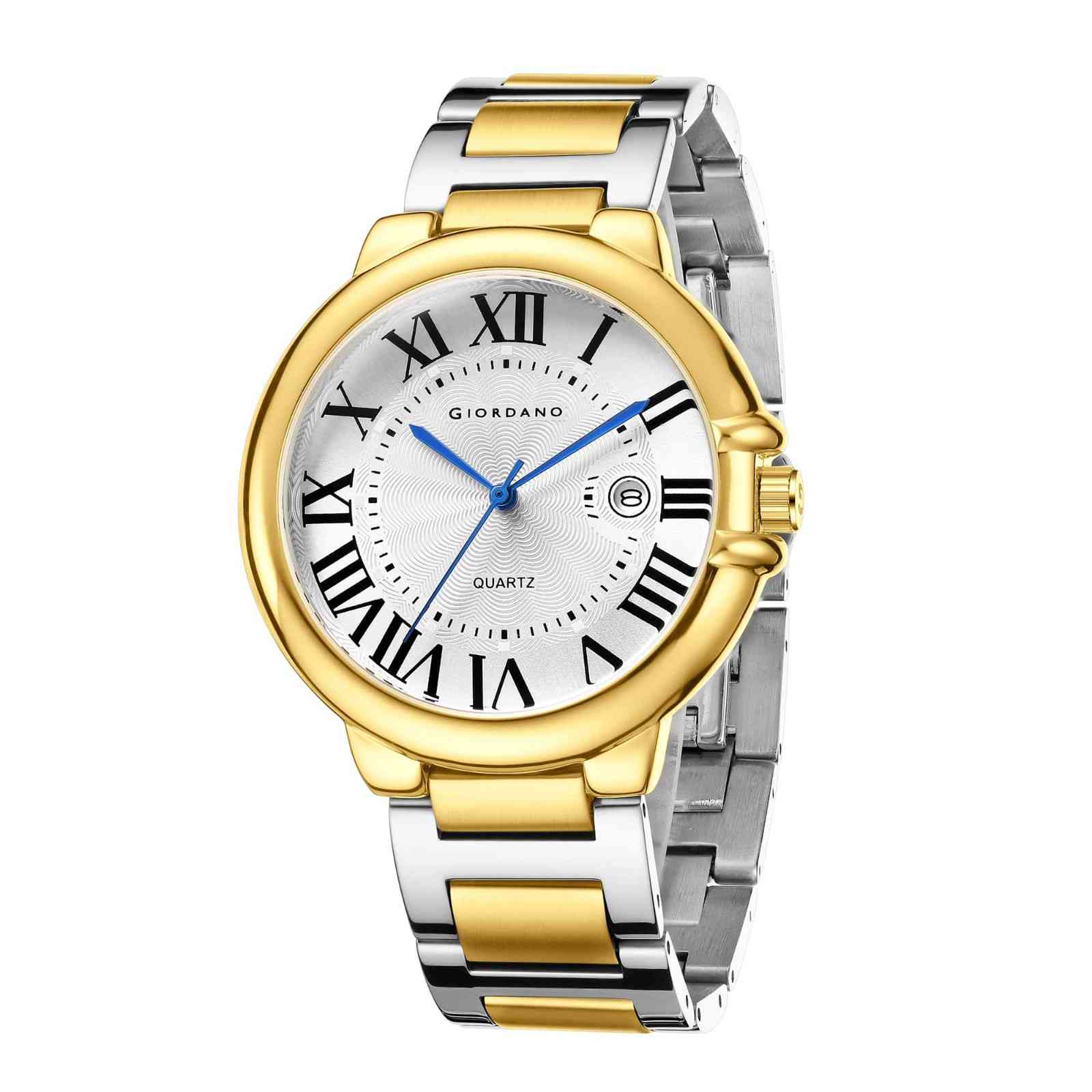 Giordano Analog Quartz Watch for Men – Stainless Steel Strap, Textured Dial with Roman Numerals, Blue Hands, Date Display - GZ-50187-22