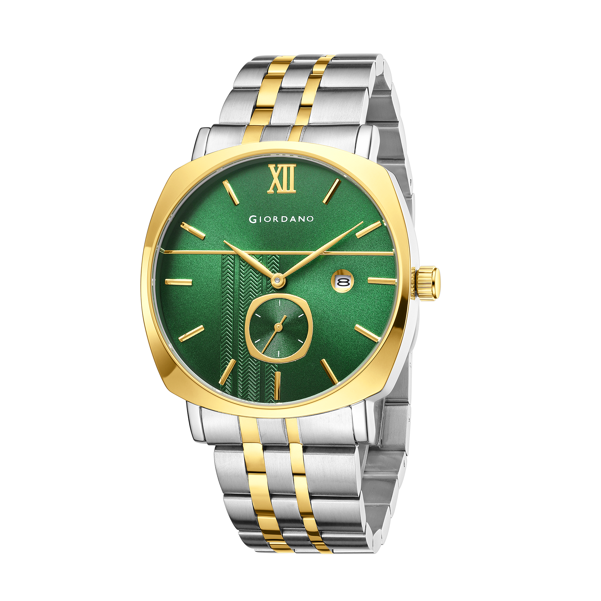 Giordano Analog Quartz Watch for Men with Green Sunray Patterned Dial, Roman XII & Baton Hour Markers, Small Seconds Sub-Dial, Date Display and Two-Tone Stainless Steel Strap - GZ-50192-22