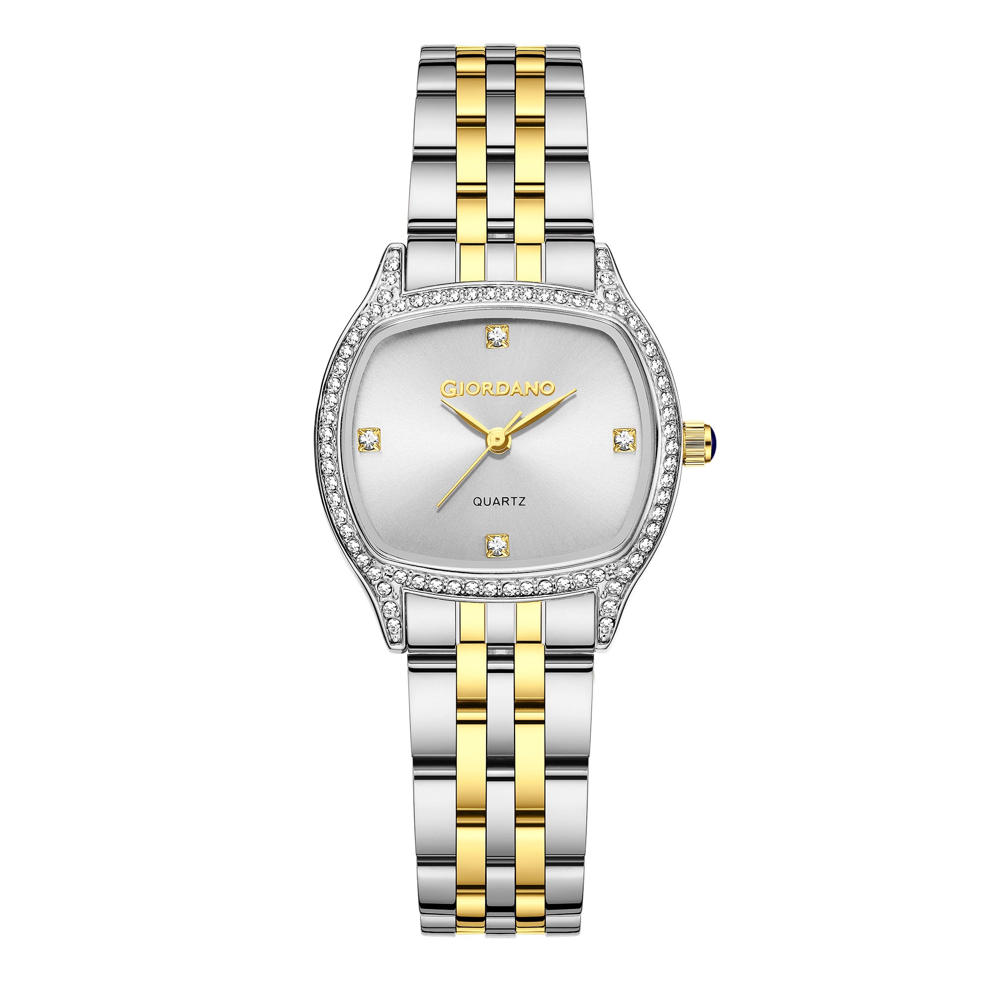 Giordano Analog Quartz Watch for Women with Square White Dial, Blue Crown, Crystal Studded Hour Markers and Bezel, Silver and Gold Stainless Steel Strap - GZ-60163-11