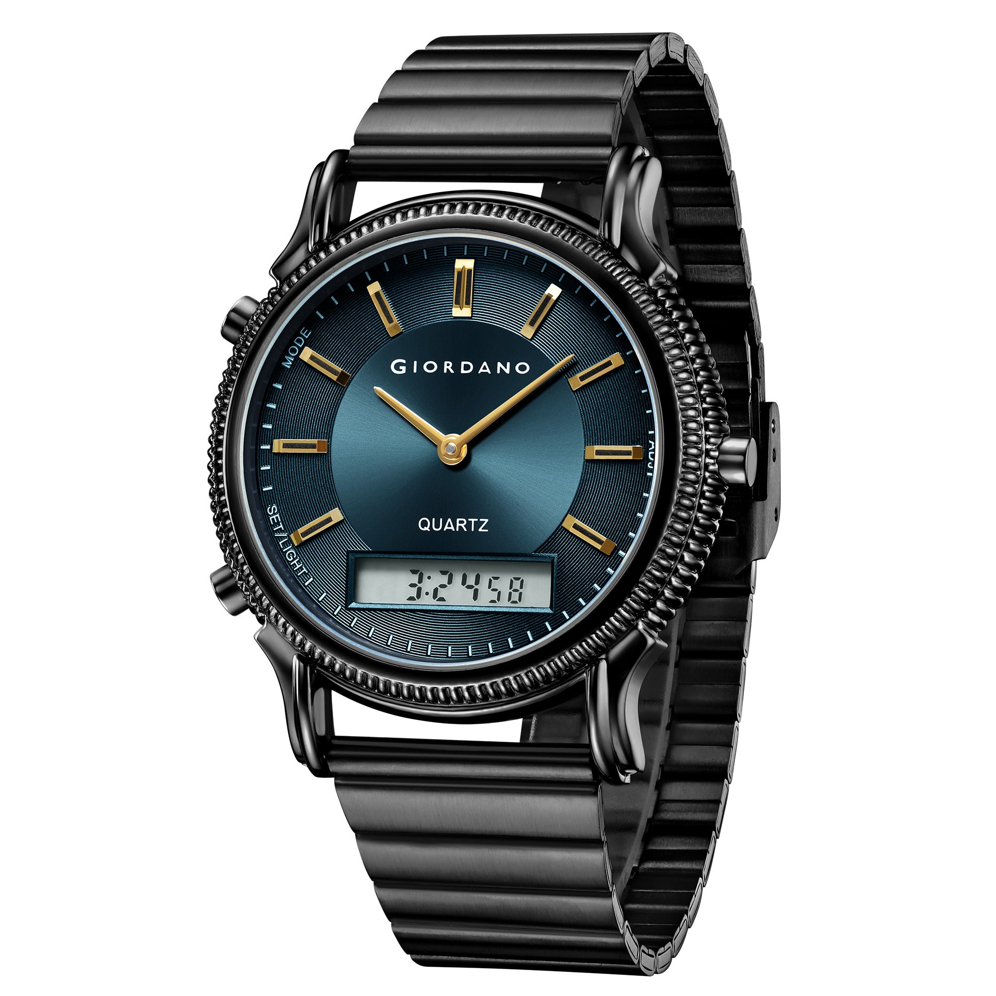 Giordano Analog-Digital Watch for Men - Round Blue Dial with Dual Display, Quartz Movement and Black Stainless Steel Strap - GZ-50209-22