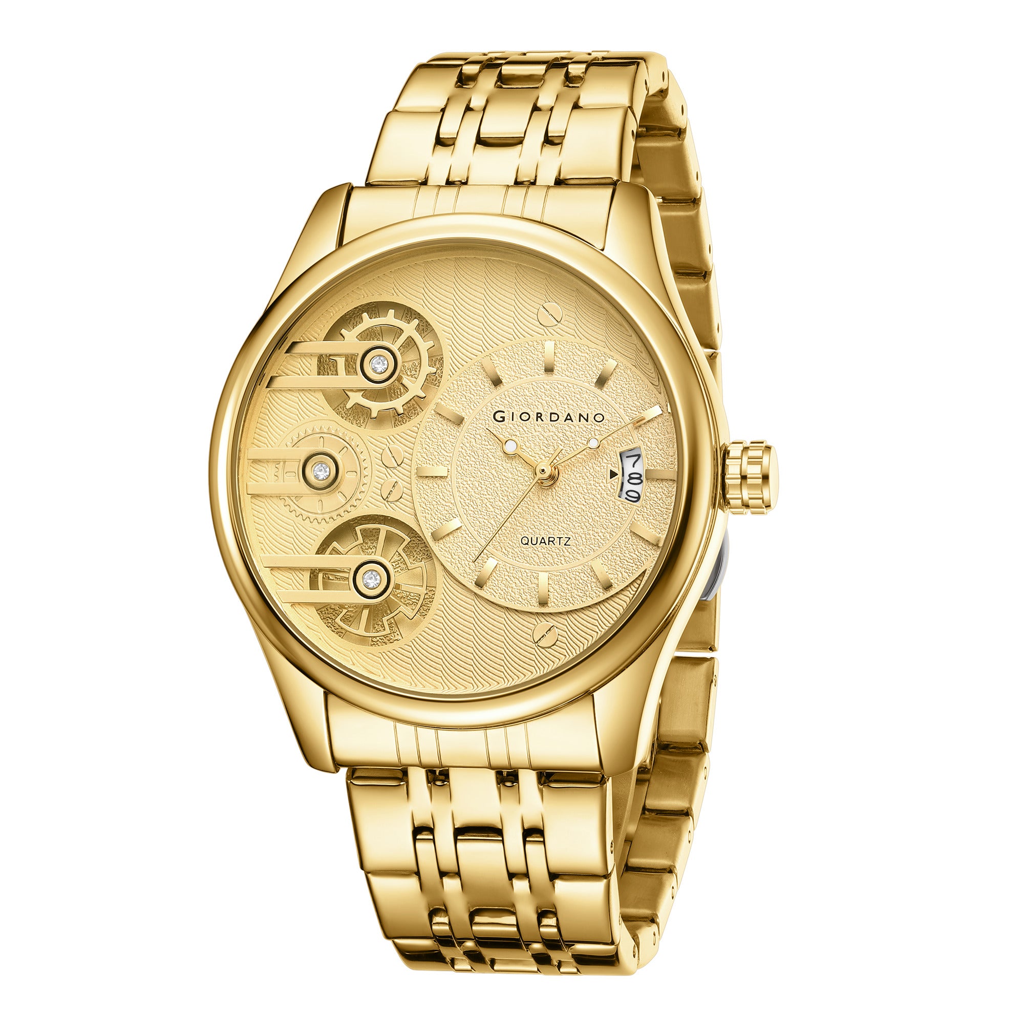 Giordano Analog Watch for Men with Round Gold Dial, Gear-Inspired Design, Date Display & Stainless Steel Strap GZ-50222-44