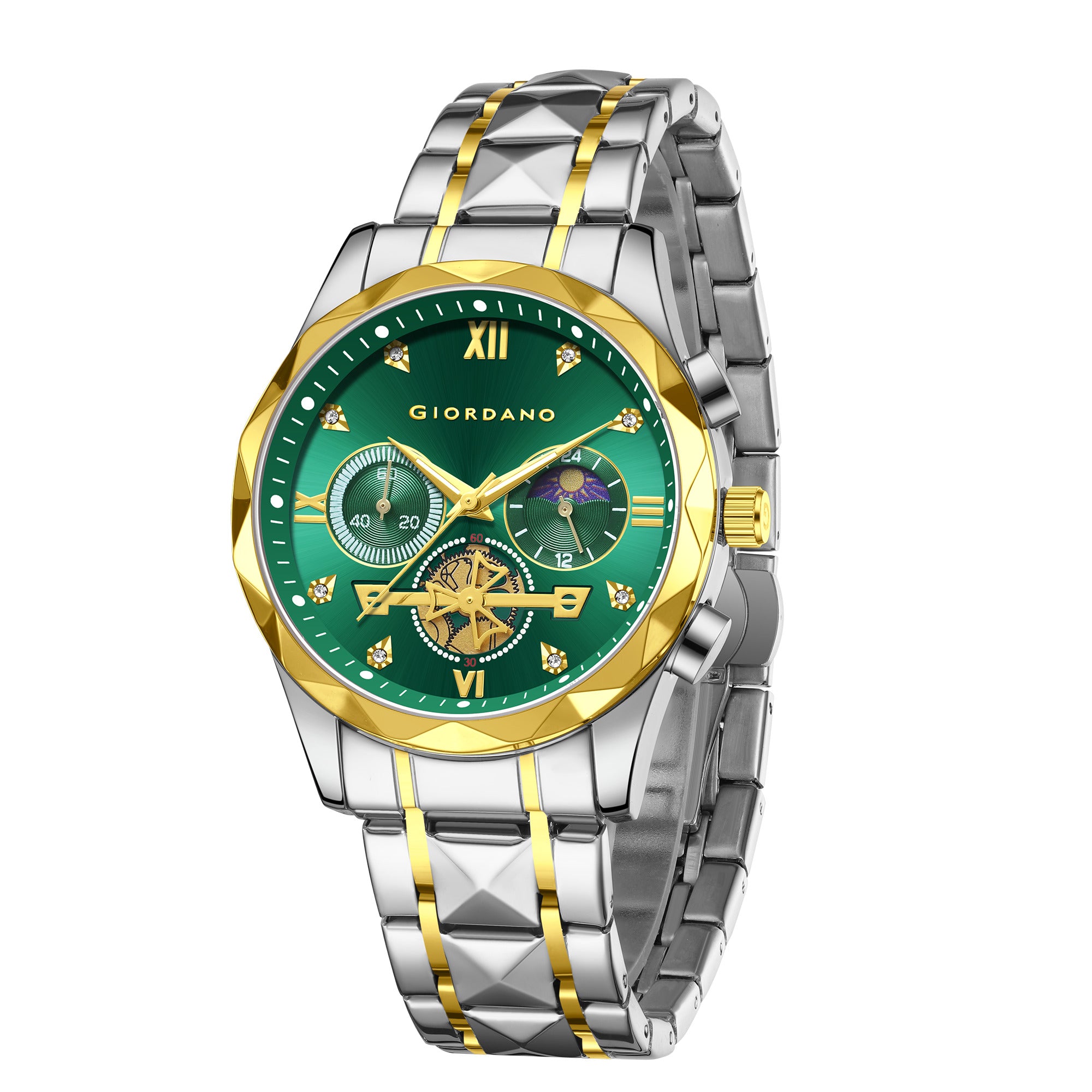 Giordano Chronograph Analog Quartz Watch for Men with Green Dial, Multifunction Subdials, Sun Moon Display, Crystal Hour Markers, Roman Numerals, Dual-Tone Stainless Steel Strap - GZ-50236-33