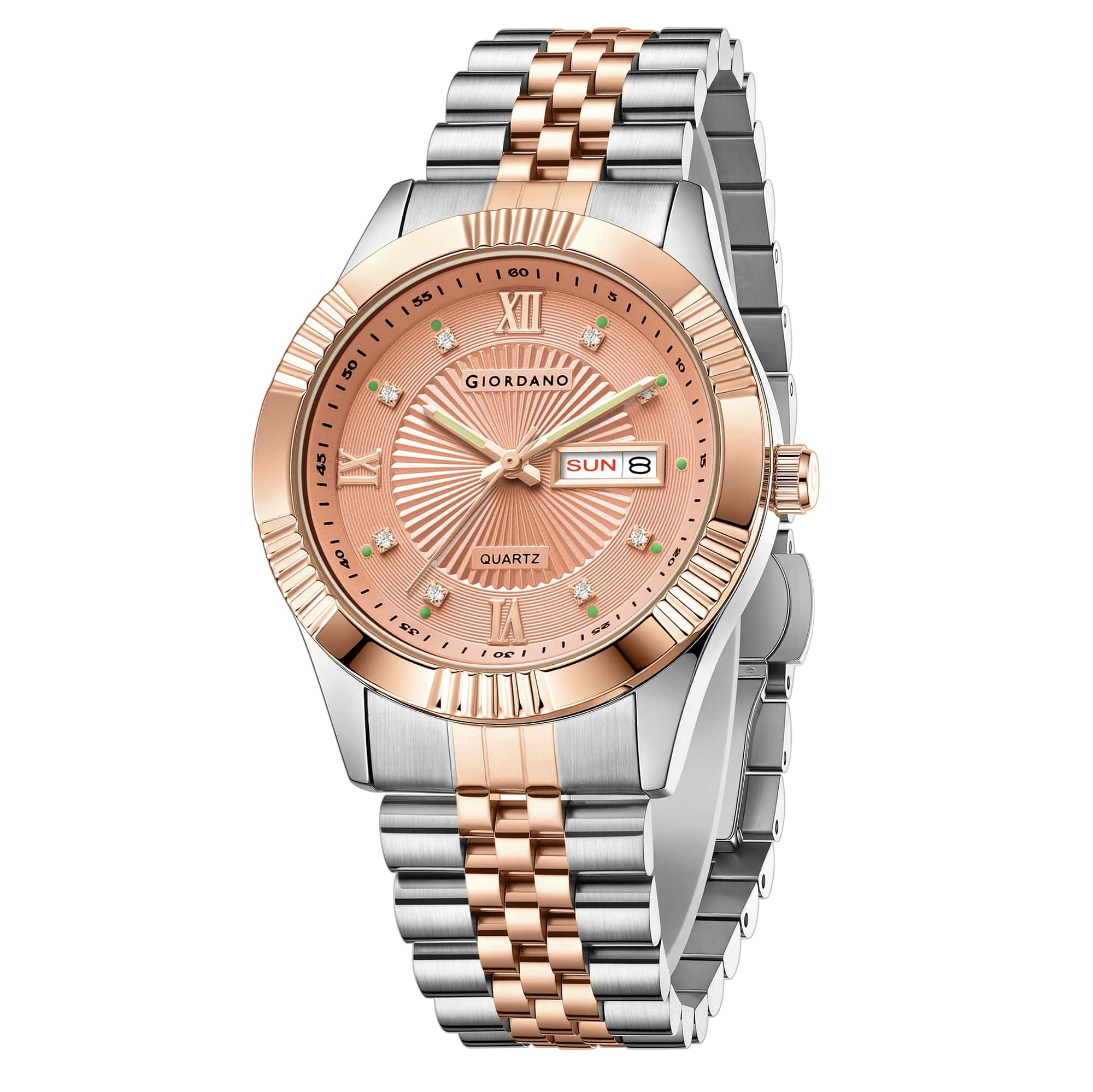 Giordano Classic Analog Quartz Watch for Men with Textured Dial, Fluted Bezel, Day & Date Display & Two-Tone Stainless Steel Strap - GZ-50215-55