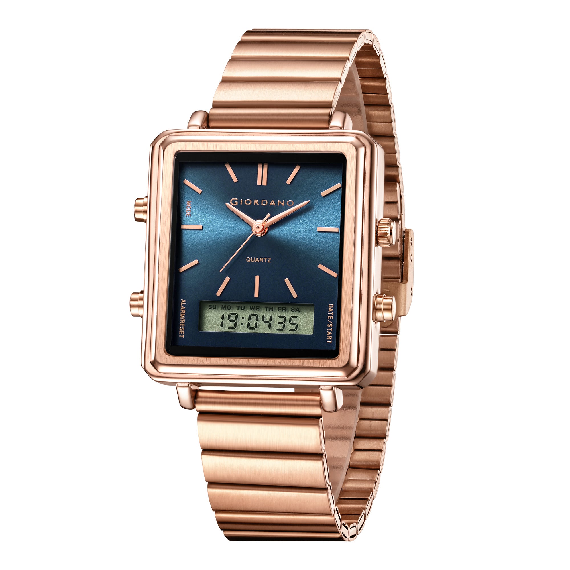 Giordano Analog Digital Watch for Men with Square Blue Dial, Dual Time Display, Rose Gold Stainless Steel Strap - GZ-50210-66
