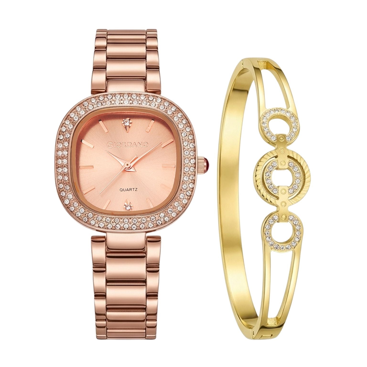 Giordano Analog Quartz Watch for Women with Bangle Square Rose Gold Dial, Blue Crown, Crystal Studded Hour Markers and Bezel, Rose Gold Stainless Steel Strap - GZ-60166-44