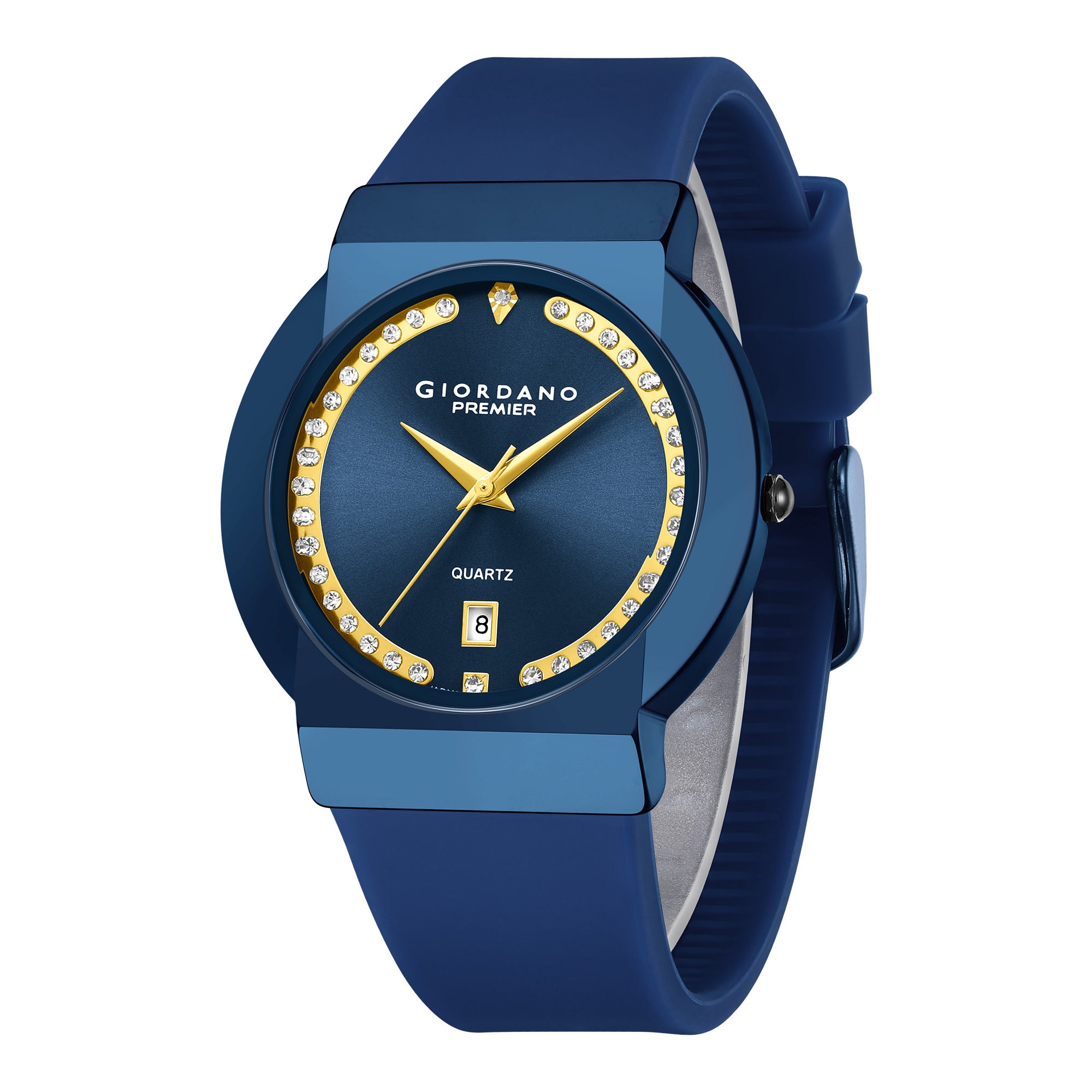 Giordano Premier Analog Quartz Watch for Women with Round Blue Dial, Crystal Studded Bezel, Date Display, Blue Case & Silicone Strap - GZ-50228-03