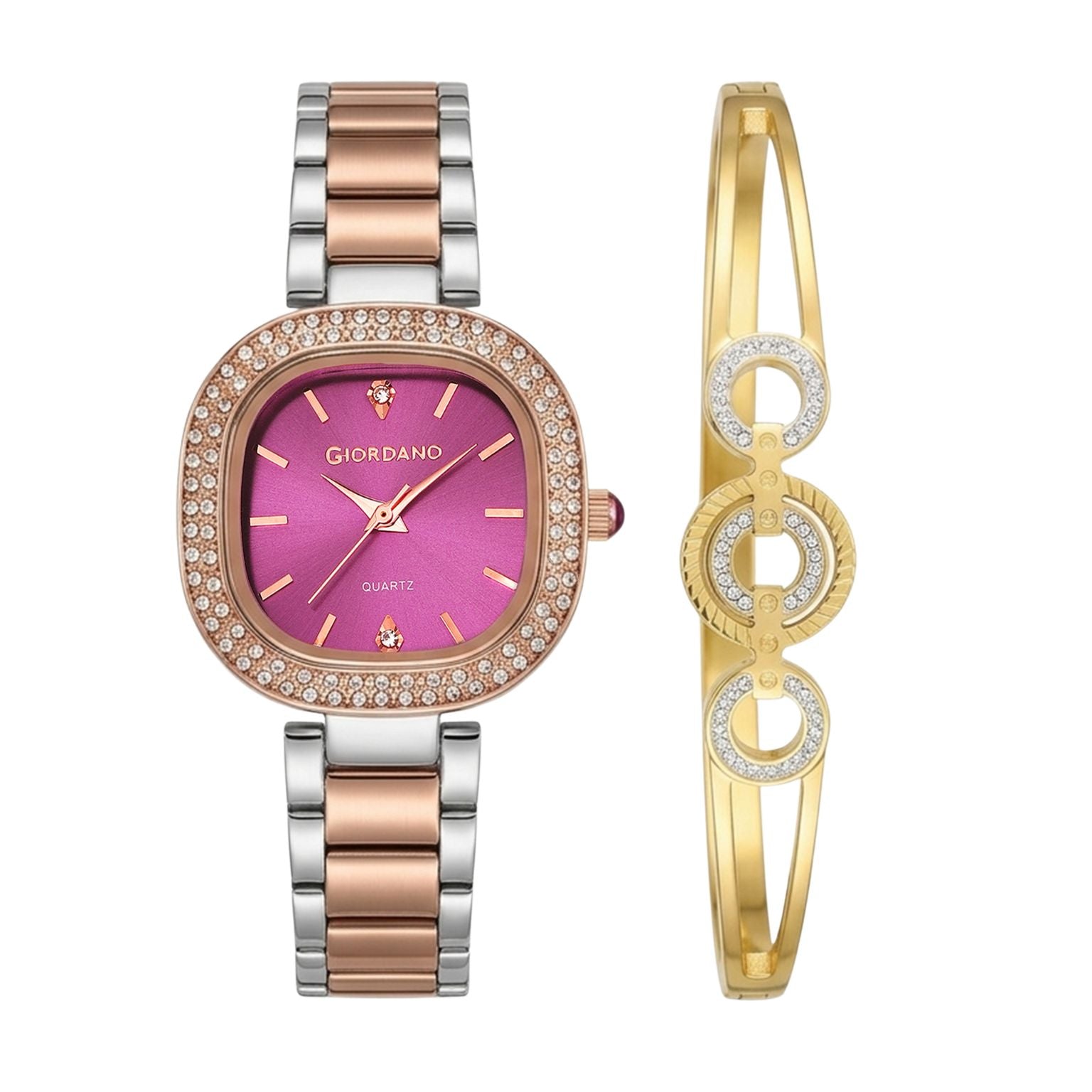 Giordano Analog Quartz Watch for Women with Bangle Square Purple Dial, Blue Crown, Crystal Studded Hour Markers and Bezel, Silver and Rose Gold Stainless Steel Strap - GZ-60166-22