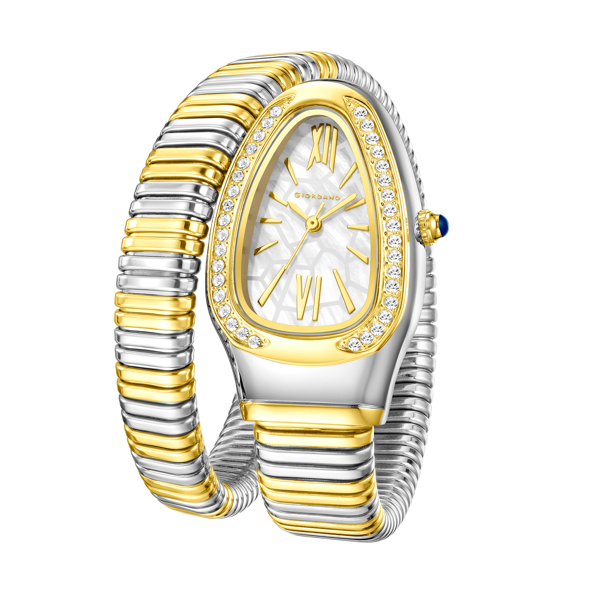 Giordano Serpentine Collection Analog Quartz Watch for Women with White Geometric-Textured Dial, Crystal-Studded Bezel, Roman Numerals & Snake-Style Wrap-Around Stainless Steel Strap - GZ-60189-55