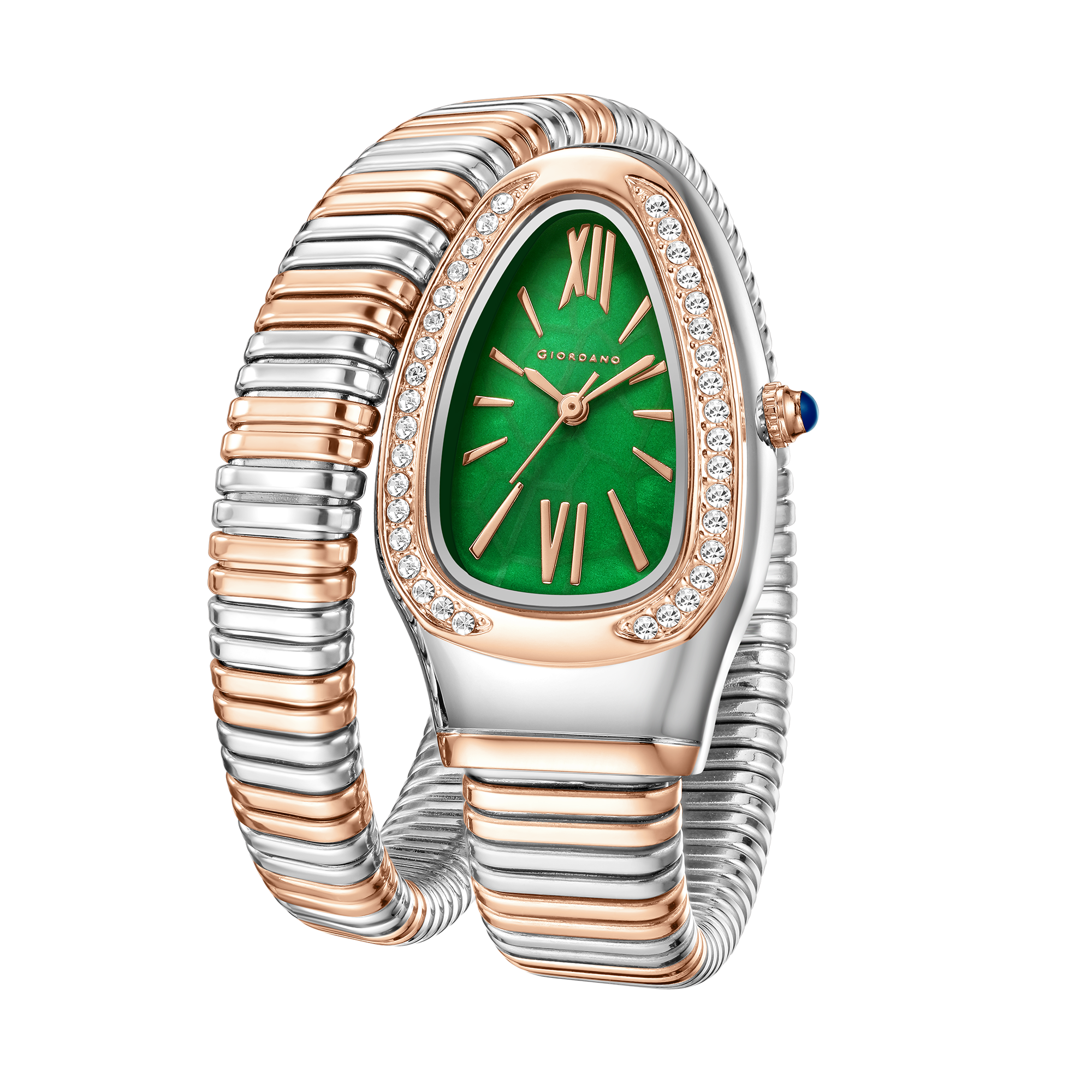 Giordano Serpentine Collection Analog Quartz Watch for Women with Green Geometric-Textured Dial, Crystal-Studded Bezel, Roman Numerals & Snake-Style Wrap-Around Stainless Steel Strap - GZ-60189-33