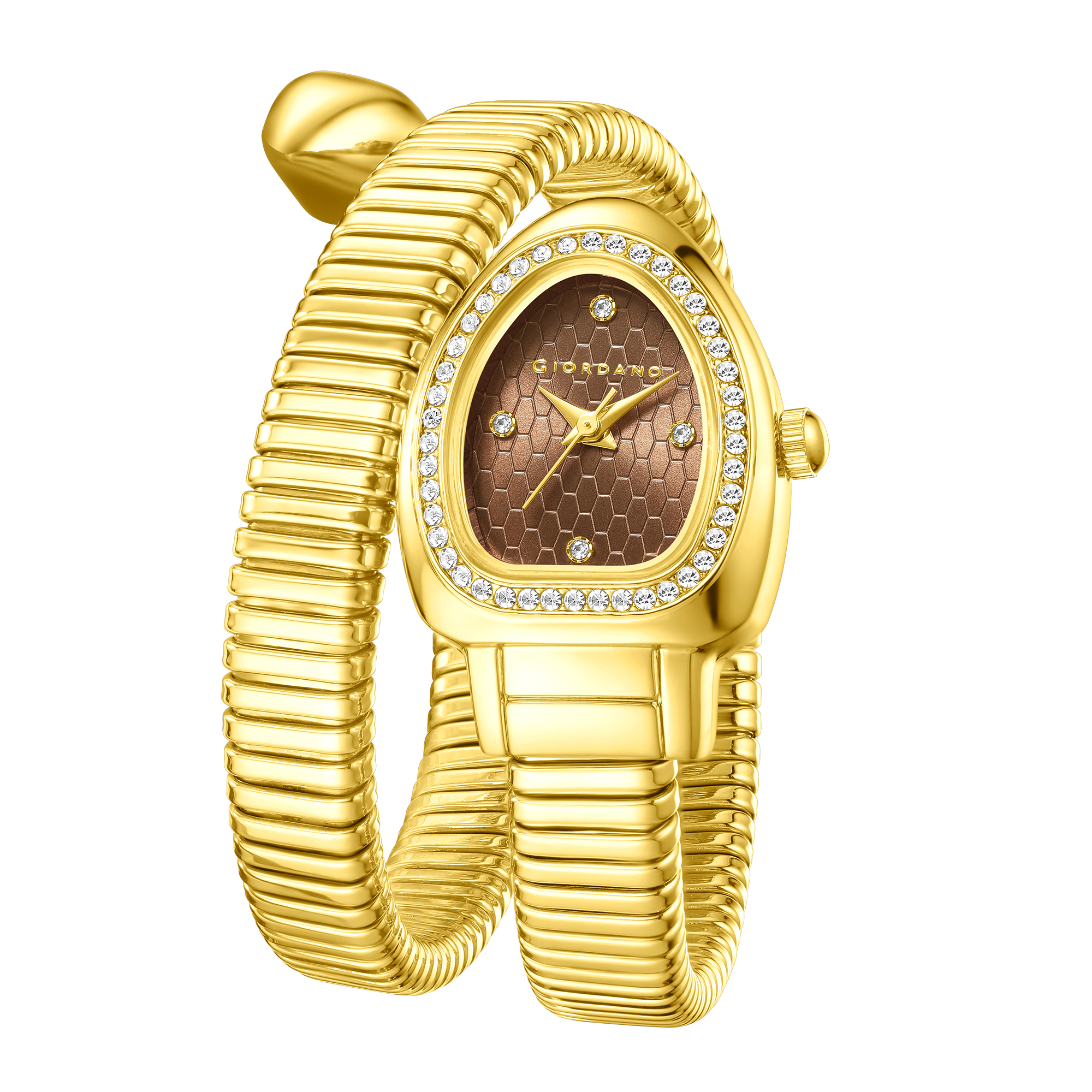 Giordano Serpentine Collection Analog Quartz Watch for Women with Brown Honeycomb-Textured Dial, Crystal Bezel & Markers, Snake-Style Wrap-Around Gold Stainless Steel Strap - GZ-60188-66