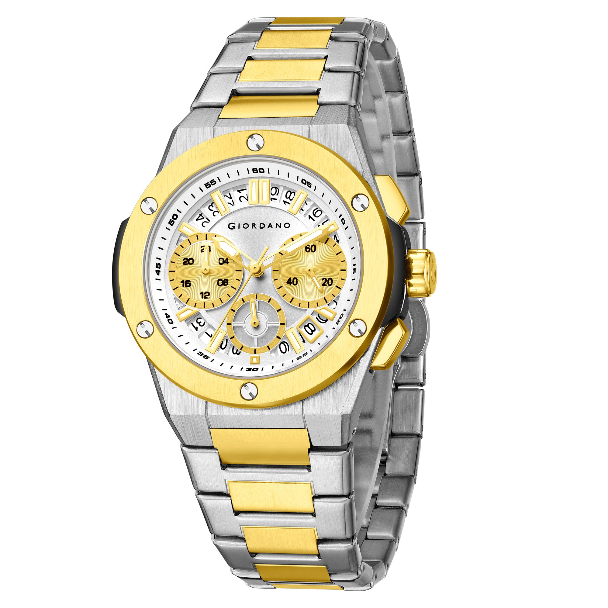 Giordano Chronograph Analog Quartz Watch for Men with Round White Dial, Date Function, Luminous Hands and Markers, Silver and Gold Stainless Steel Strap - GZ-50200-44