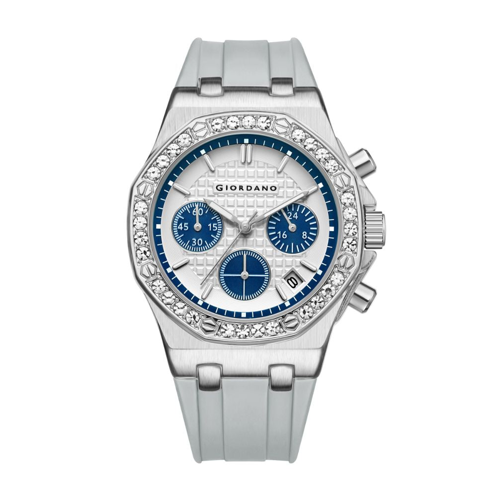 Giordano Chronograph Watch for Women | Stainless Steel Case, Crystal bezel | Modern & Stylish Timepiece with Comfortable Silicone Strap | GZ-50154-11