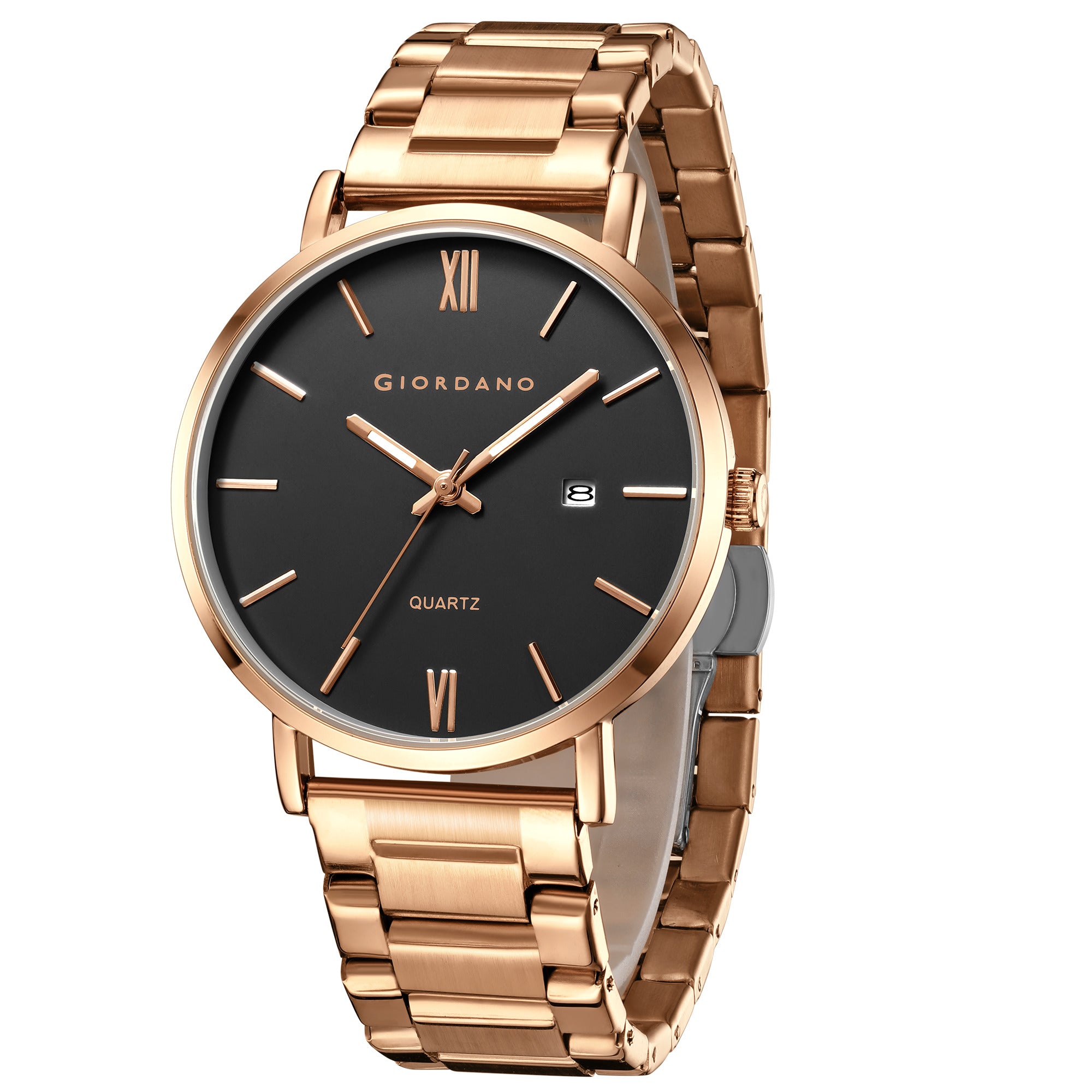 Giordano Analog Quartz Watch for Men with Round Black Dial, Roman Indices, Date Function, Luminous Hands, Rose Gold Stainless Steel Strap - GZ-50211-55