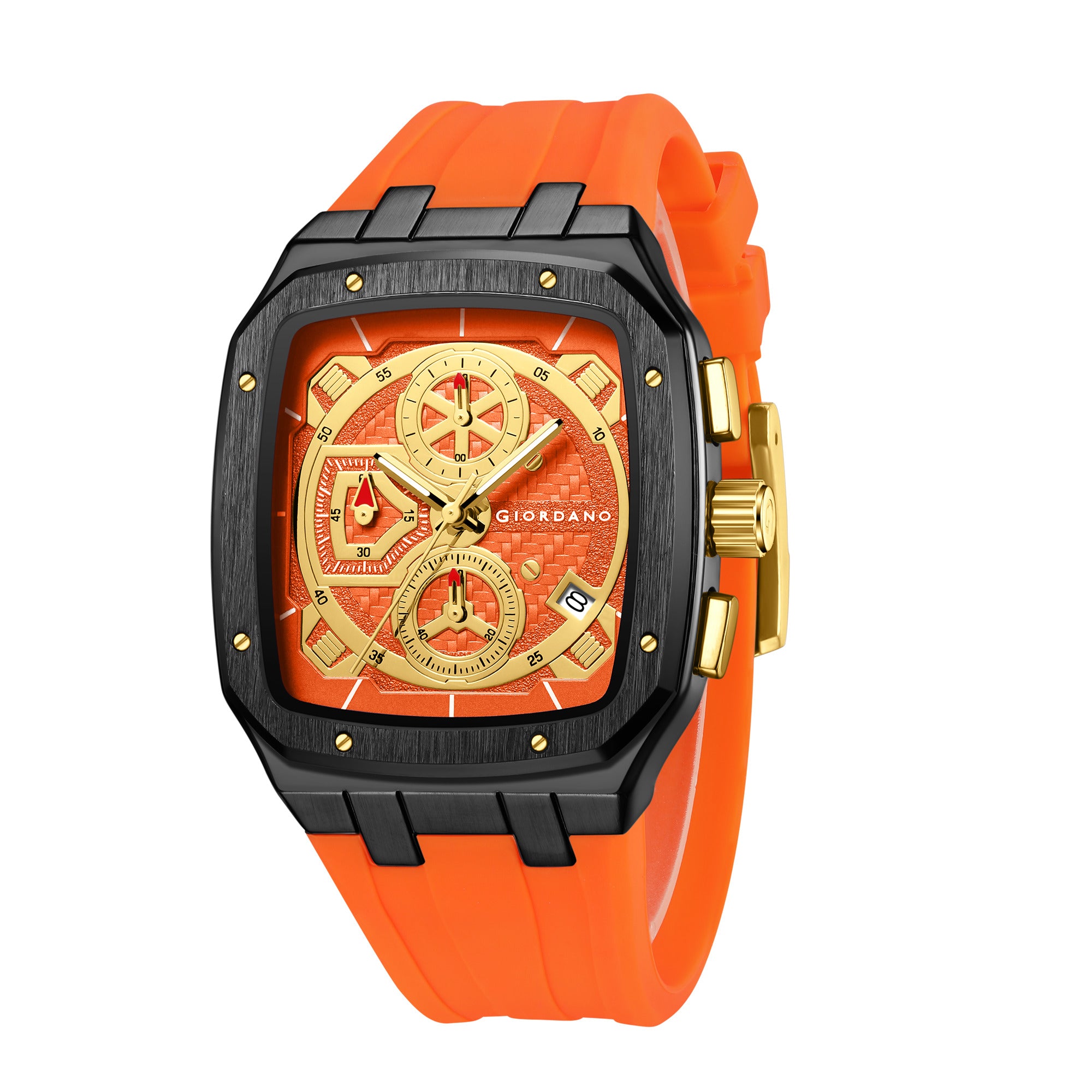 Giordano Analog Watch for Men with Chronograph Subdials, Black Square Case, Date Display, Quartz Movement, Orange Silicone Strap GZ-50204-44