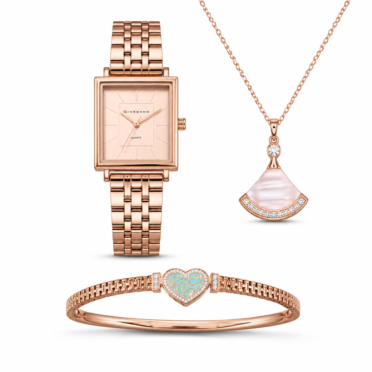 Giordano Rose Gold Analog Quartz Watch Gift Set for Women – 3 Piece Combo with Rose Gold Mother of Pearl Fan Pendant Necklace & Crystal Heart Charm Bangle Bracelet, Fashion Jewelry Set - GZ-60180-22