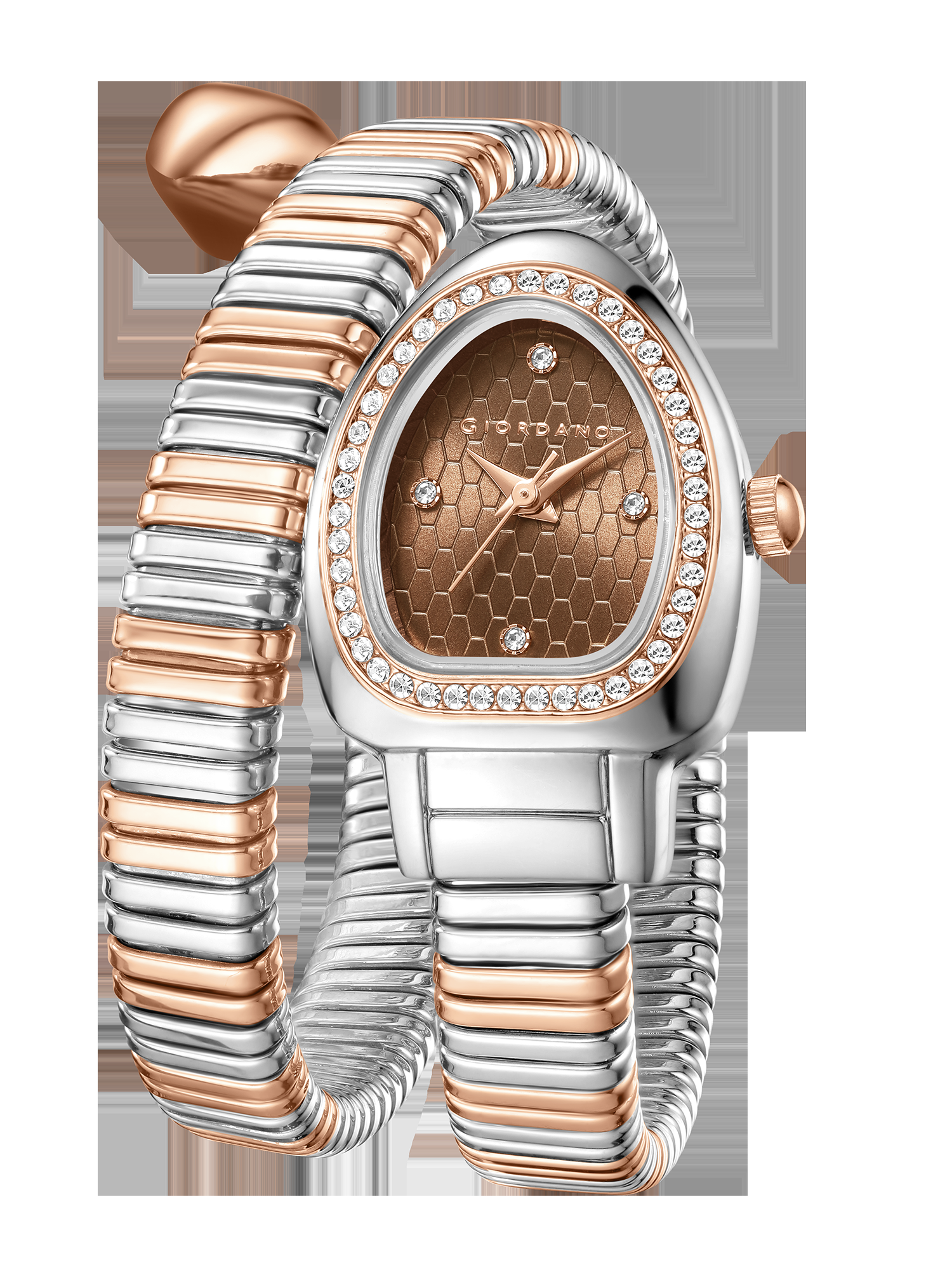 Giordano Serpentine Collection Analog Quartz Watch for Women with Brown Honeycomb-Textured Dial, Crystal Bezel & Markers, Snake-Style Wrap-Around Two-Tone Stainless Steel Strap - GZ-60188-44