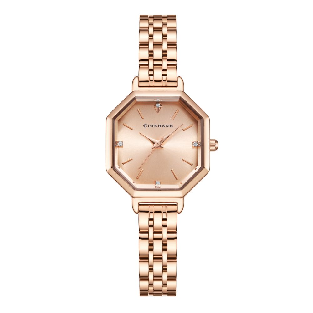 Giordano Analog Watch for Women – Classic octagonal gloss finish Dial with rose gold stainless steel strap | GZ-60113-22