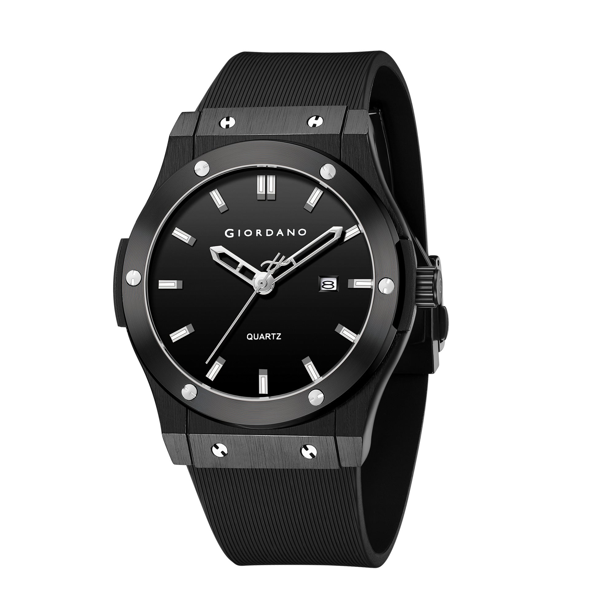 Giordano Analog Watch for Men with Round Black Dial, Date Function, Luminous Hour Markers, Black Textured Silicone Strap - GZ-50208-01