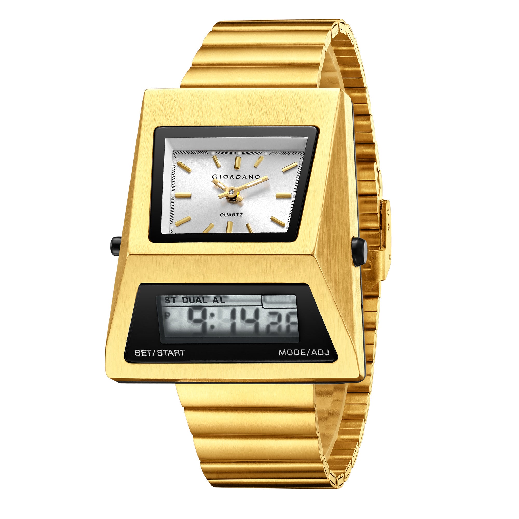 Giordano Analog Digital Watch for Men with Triangle Shape White Dial, Dual Time Display, Gold Stainless Steel Strap - GZ-50205-44