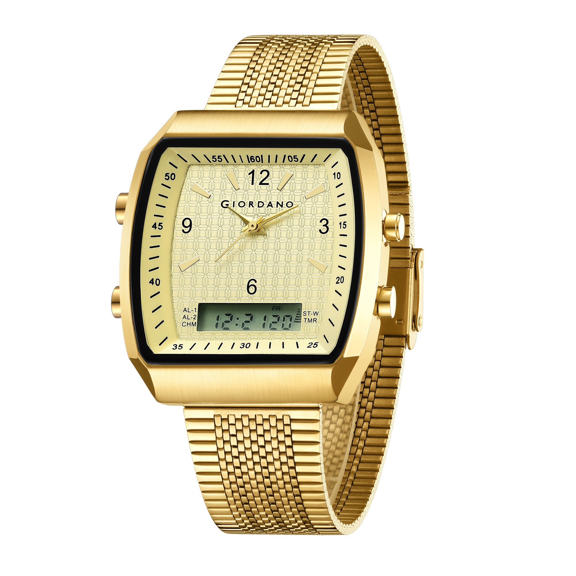 Giordano Analog-Digital Square Watch for Men Dual Time Display, Quartz Movement, Day Display, Textured Dial and Gold Stainless Steel Strap - GZ-50219-44