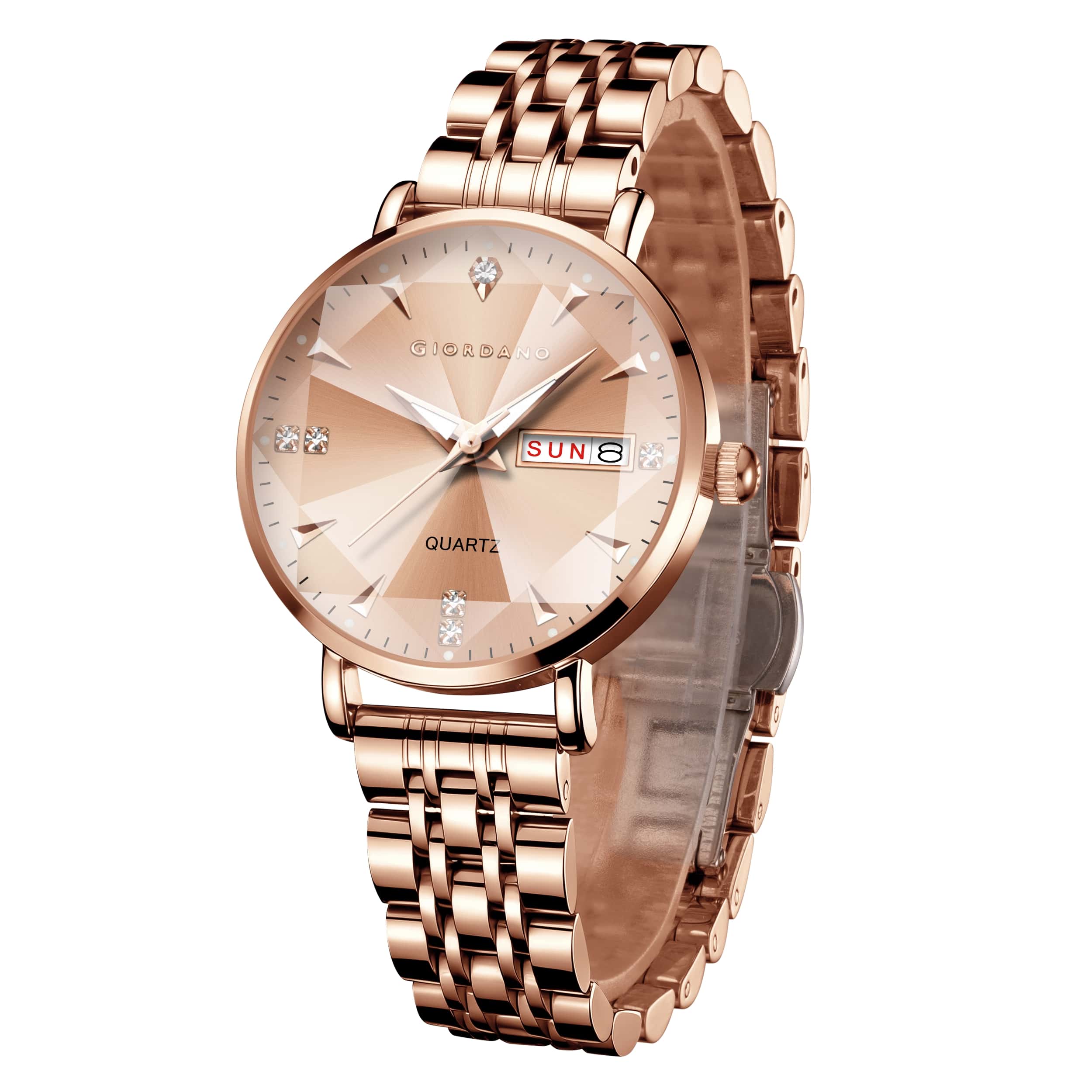 Giordano Rose Gold Analog Watch for Women with Luminous Hands & Markers, Day & Date Display and Stainless Steel Strap - GZ-60139-22