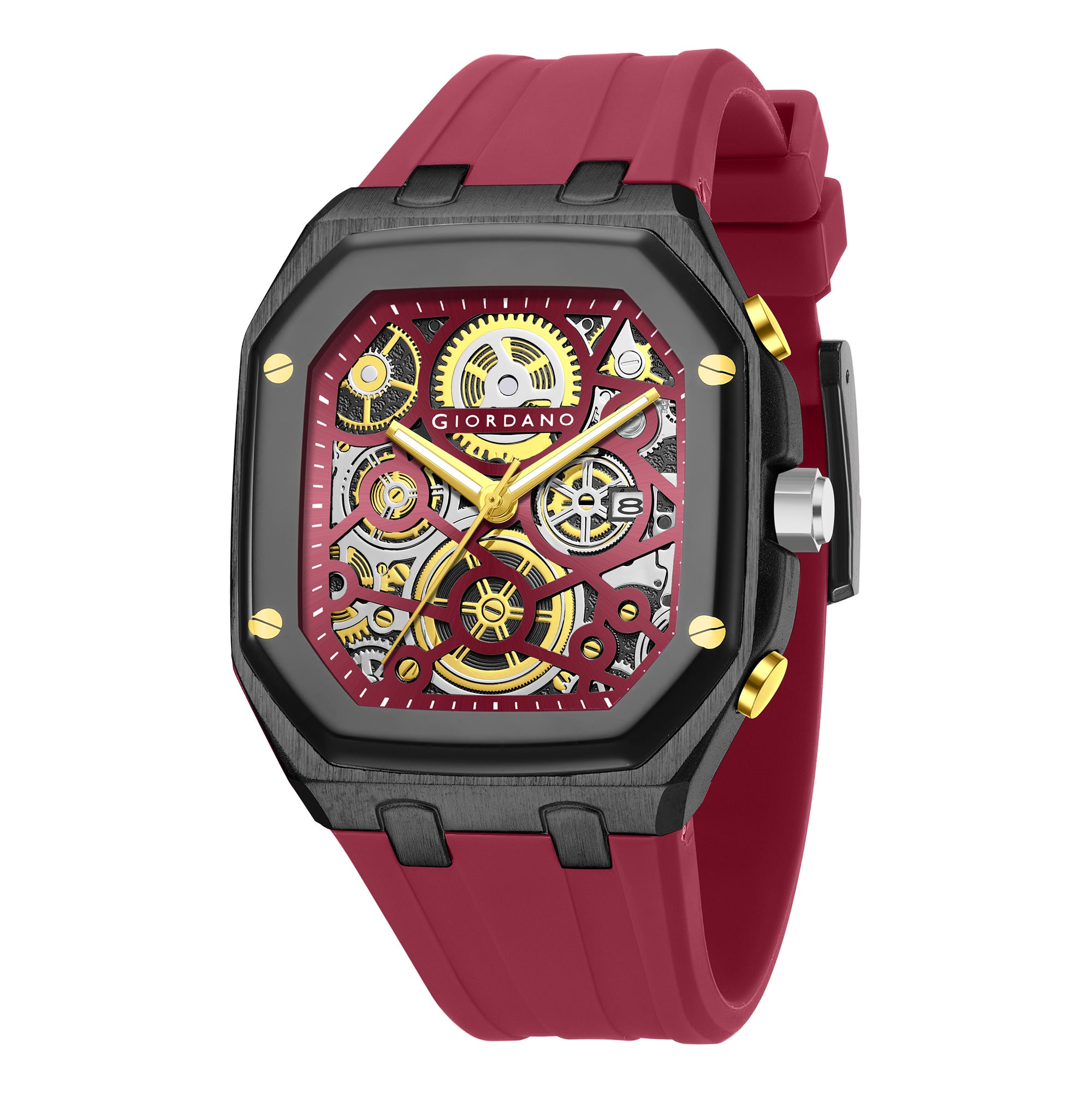 Giordano Skeleton Dial Analog Watch for Men – Black Tone Case, Red Silicone Strap, Date Display & Transparent Mechanical Design GZ-50221-05