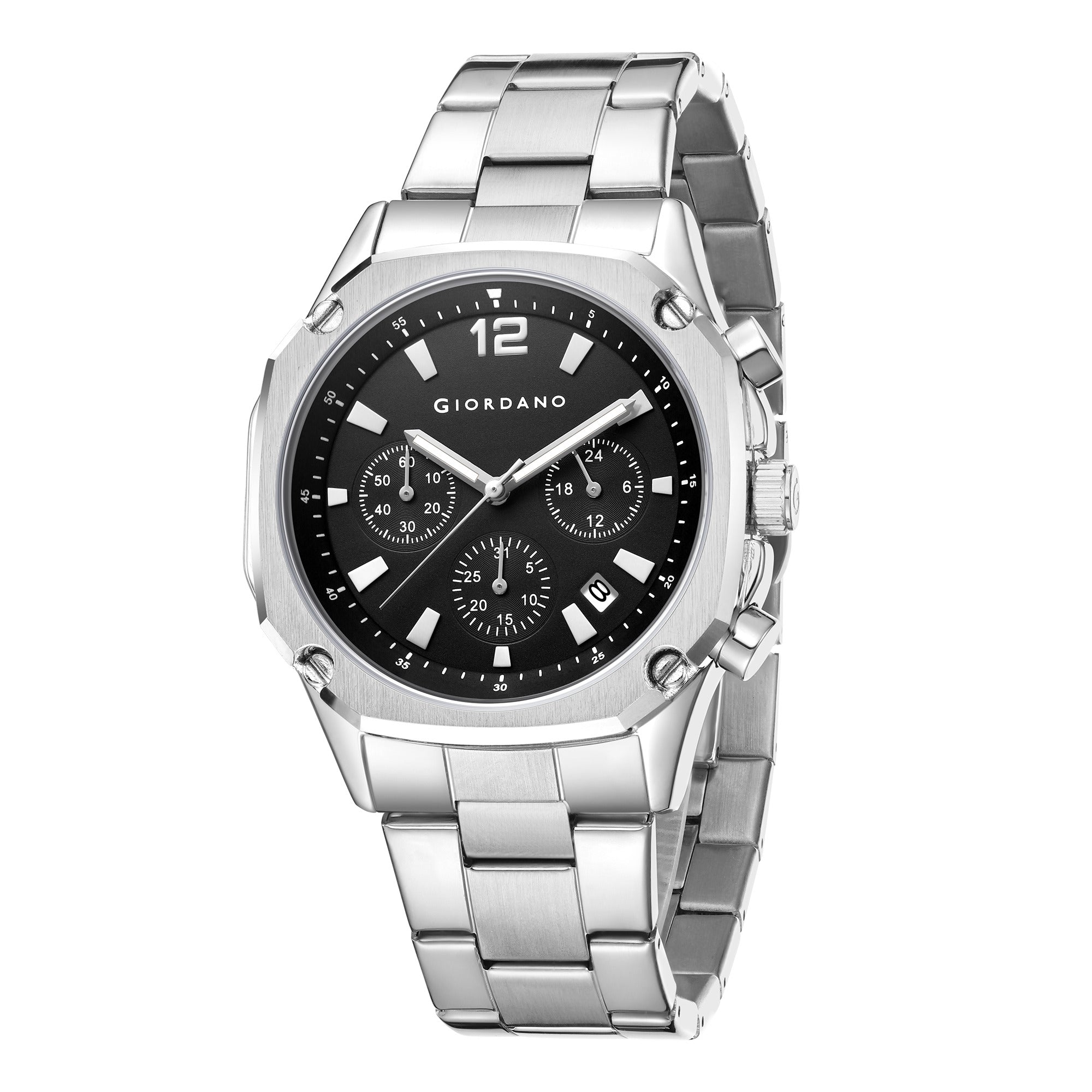 Giordano Analog Watch for Men with Chronograph Subdials, Round Black Dial Date Window, Quartz Movement Silver Stainless Steel Strap GZ-50203-44