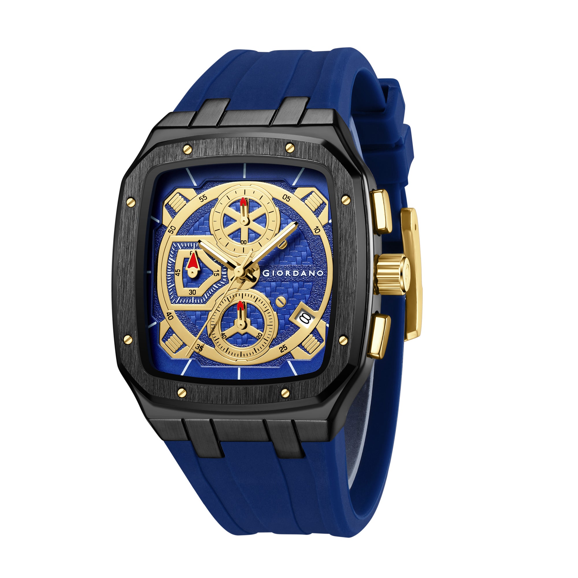 Giordano Analog Watch for Men with Chronograph Subdials, Black Square Case, Date Display, Quartz Movement, Blue Silicone Strap GZ-50204-22
